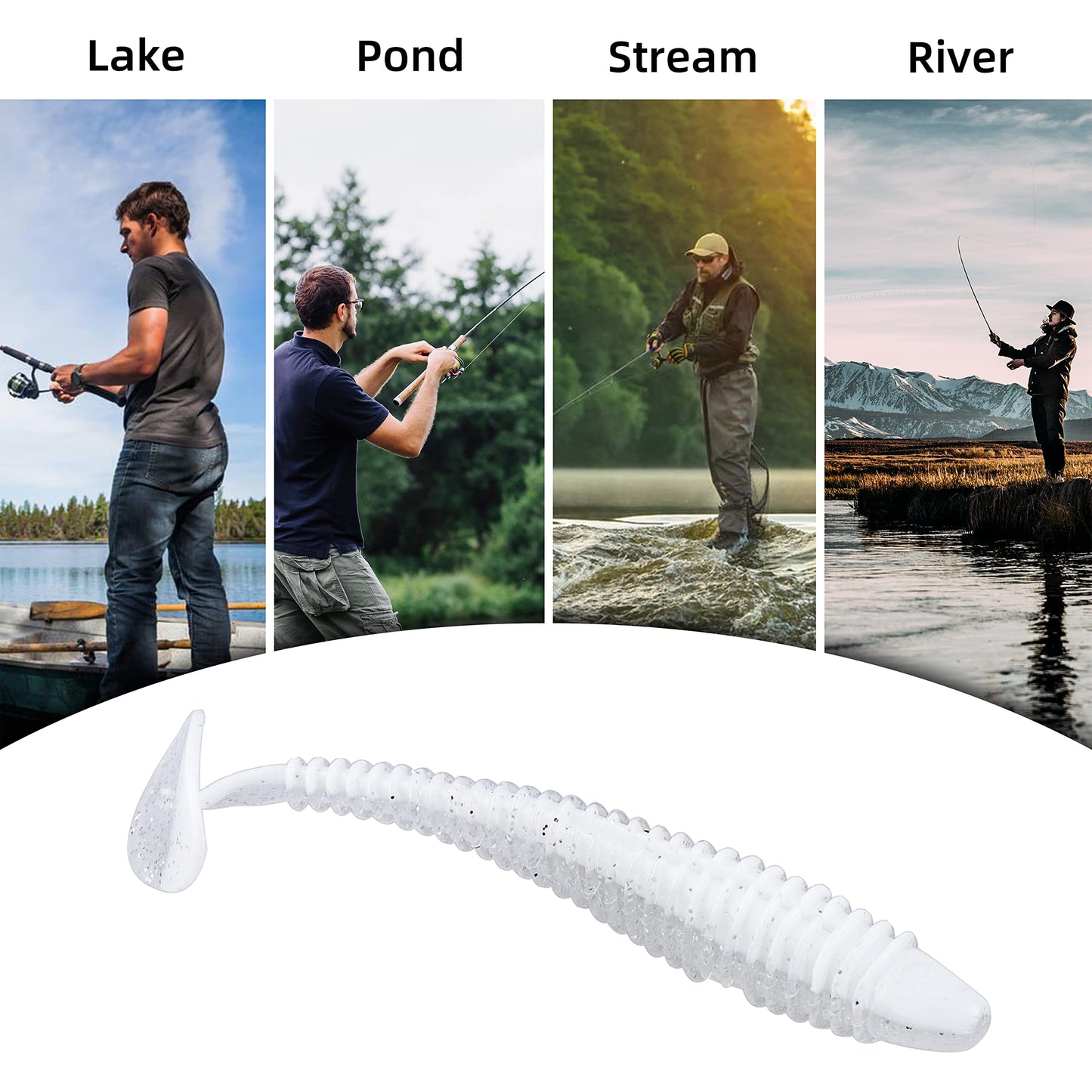 100pcs Swimbaits Paddle Bulk Lure Kit, Soft Fishing Lures for Bass Trout Crappie, Durable Swimmer for Saltwater/Freshwater（Silvery White, 3in）