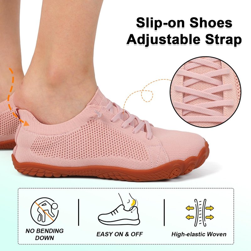 LeIsfIt Barefoot Shoes Women Wide Toe Box Walking Shoes Minimalist Trail Running Hiking Footwear Non-Slip Breathable Slip on Sneakers Pink Size 9