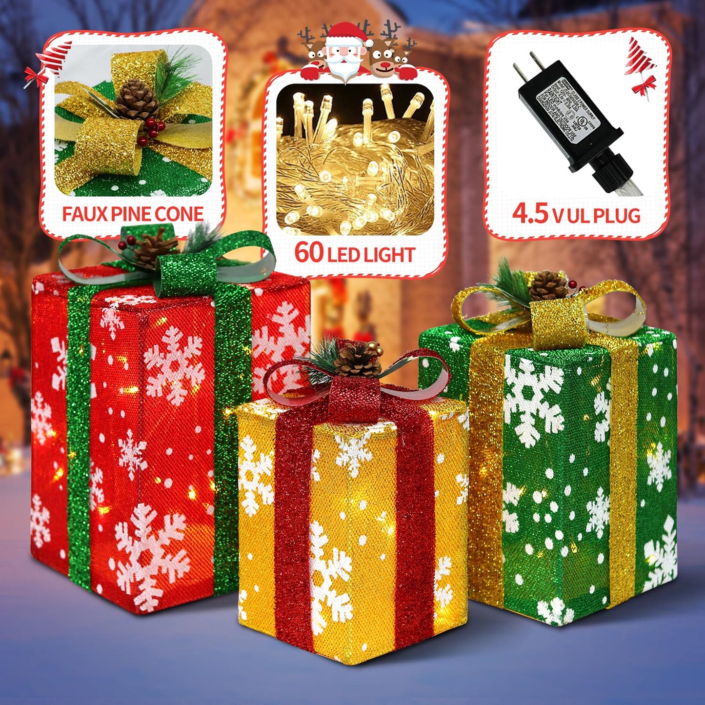 DomKom Set of 3 Tall Christmas Lighted Gift Boxes Decorations - Plug in 60 LEDs Present Box - Rectangular Light Up Xmas Tree Skirt Ornament Outdoor/Indoor Vertical Holiday Decor