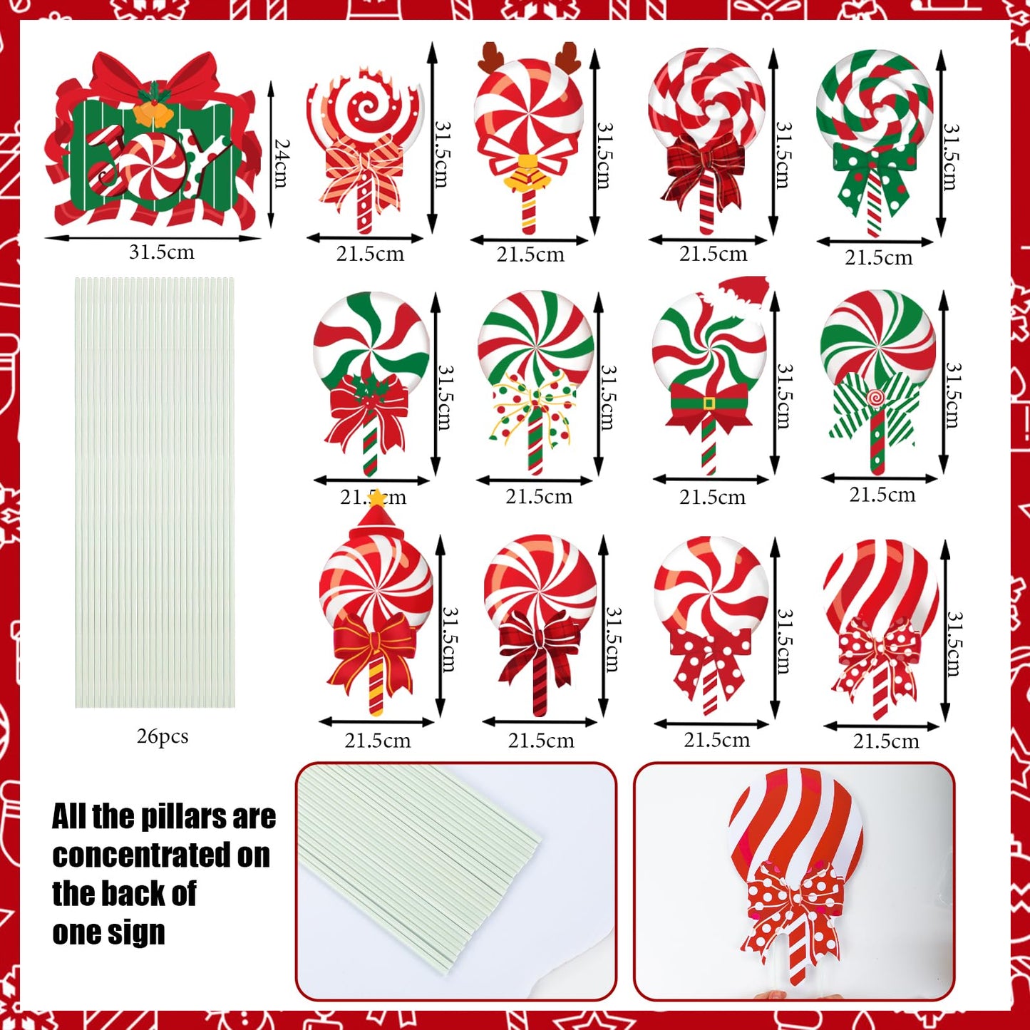 JOICEE Christmas Outdoor Yard Signs Candy Decorations, Peppermint Lollipop Candy Signs with Stakes for Holiday Party Home Lawn Pathway Decorations Supplies