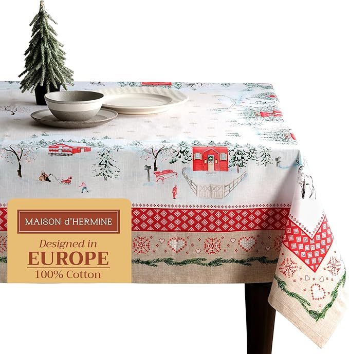 Maison d' Hermine Table Cloth Square Table 100% Cotton 60 x 60 Inches Fall Tablecloth Reusable Everyday Use for Thanksgiving Christmas Decorations Dining Farmhouse Party (Rural Christmas)