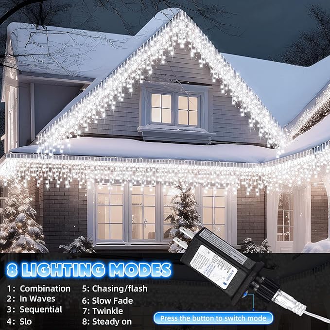 66 Ft 640 LED Christmas Icicle Lights Extra Long 8 Modes Waterproof Icicle String Light with 120 Drops, Fairy Hanging Lights Decor with Remote for Xmas Wedding Indoor Outdoor Cold White