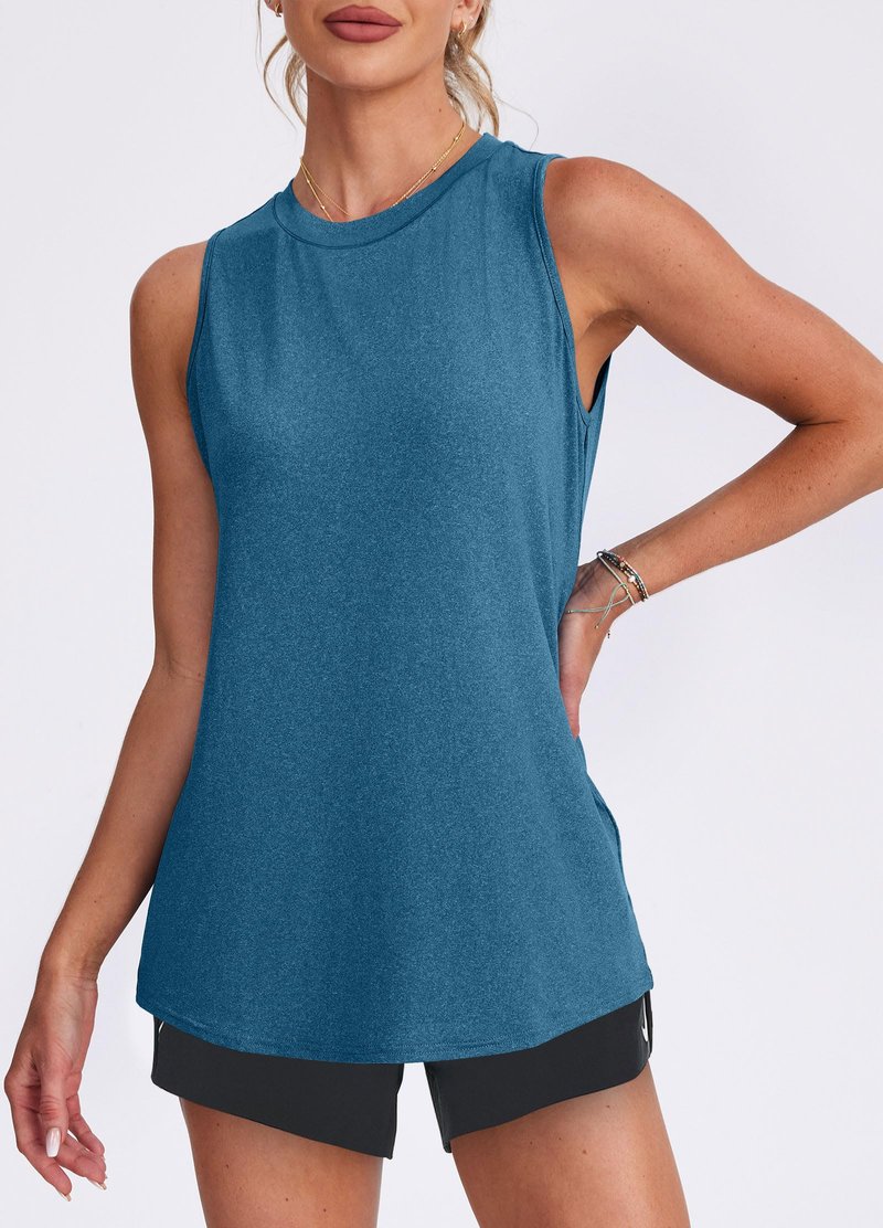 Womens Summer Tops Yoga Sleeveless Workout Tops High Neck Plus Size Athletic Running Shirts Deep Blue L
