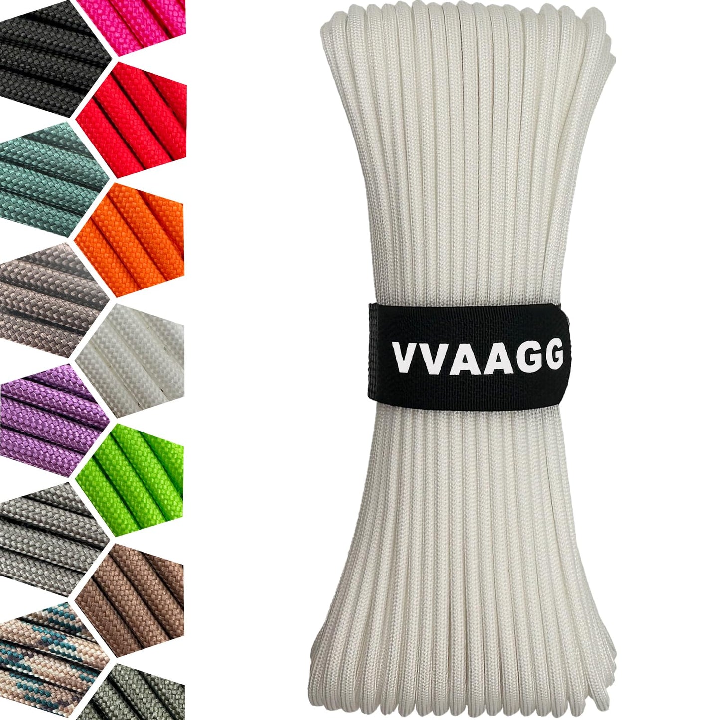 VVAAGG 1000 White Paracord Rope 100FT, 4mm Utility Parachute Cord 12 Strand Nylon Camping Rope, Tent Rope, Clothsline Rope
