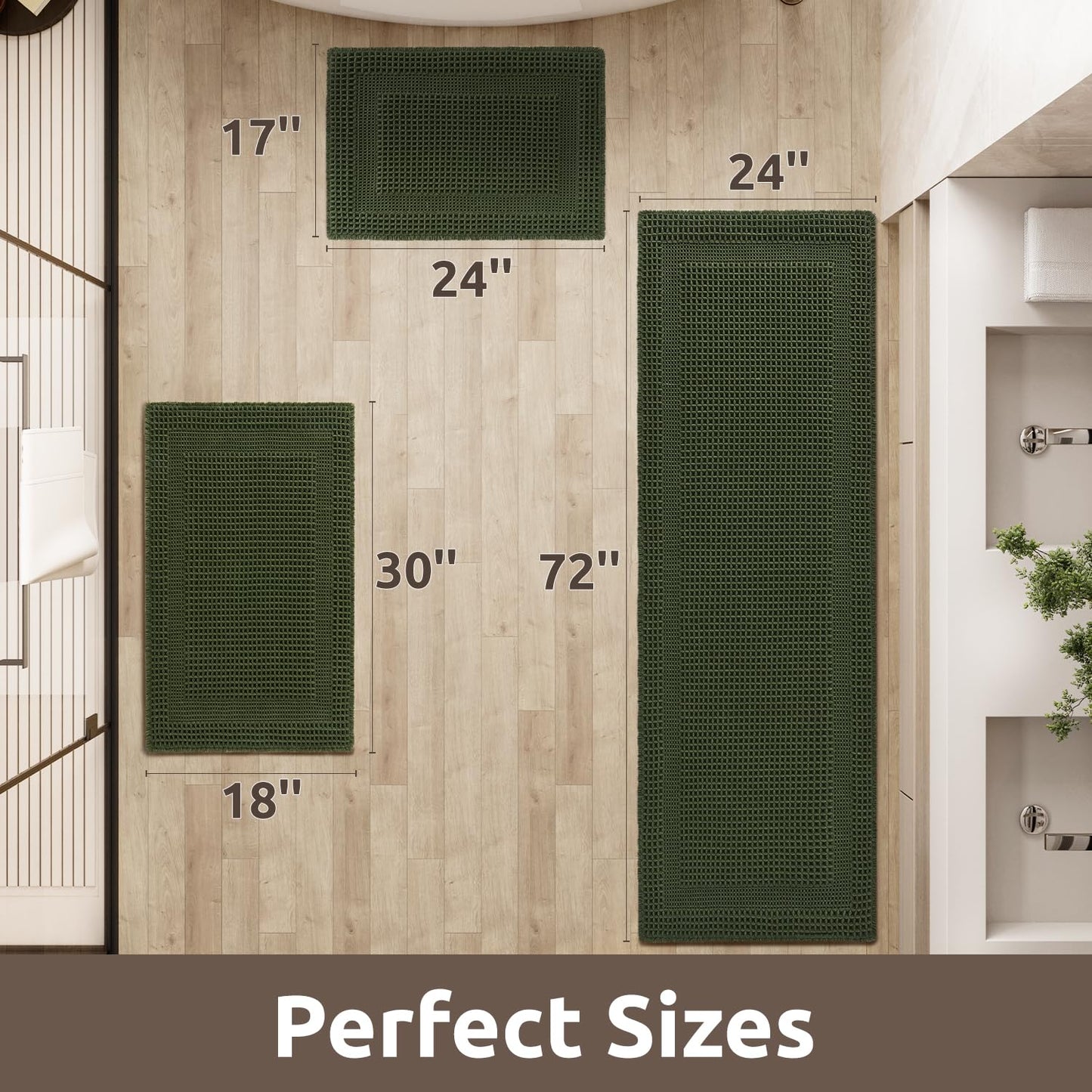 AMOAMI Waffle Bath-Mat, Absorbent Bath Mats for Bathroom Non Slip, Machine Washable Bathroom Rugs with Tassels Ultra Soft Boho Bath Rugs for Floor 2'x6'(24"x72") Dark Green