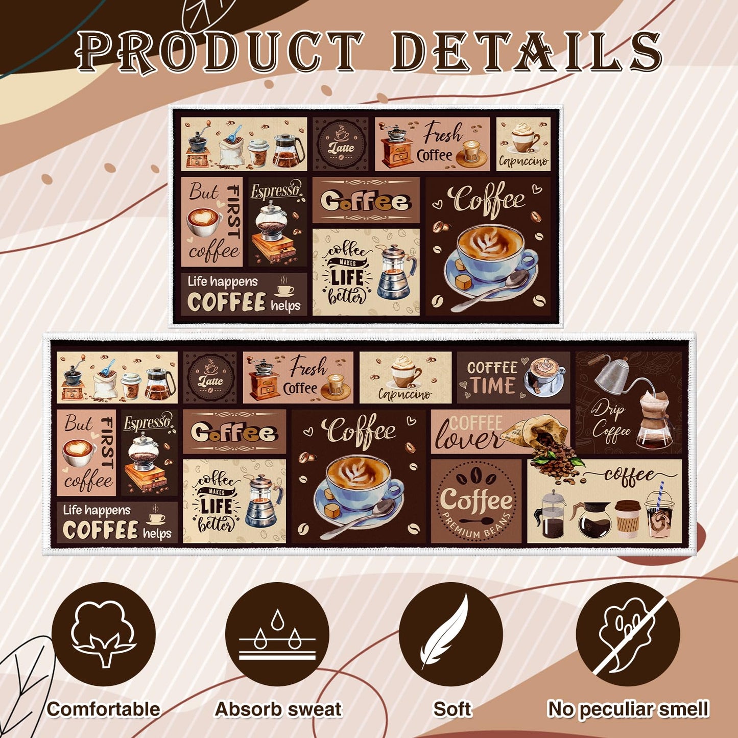 InIsaJace Coffee Kitchen Mats for Floor Rugs for Kitchen Floor Fatigue Mat 2 Piece Set Absorbent and Washable Runner Rugs Farmhouse Style Non Slip Kitchen Rug, 15x27+15x47 Inch