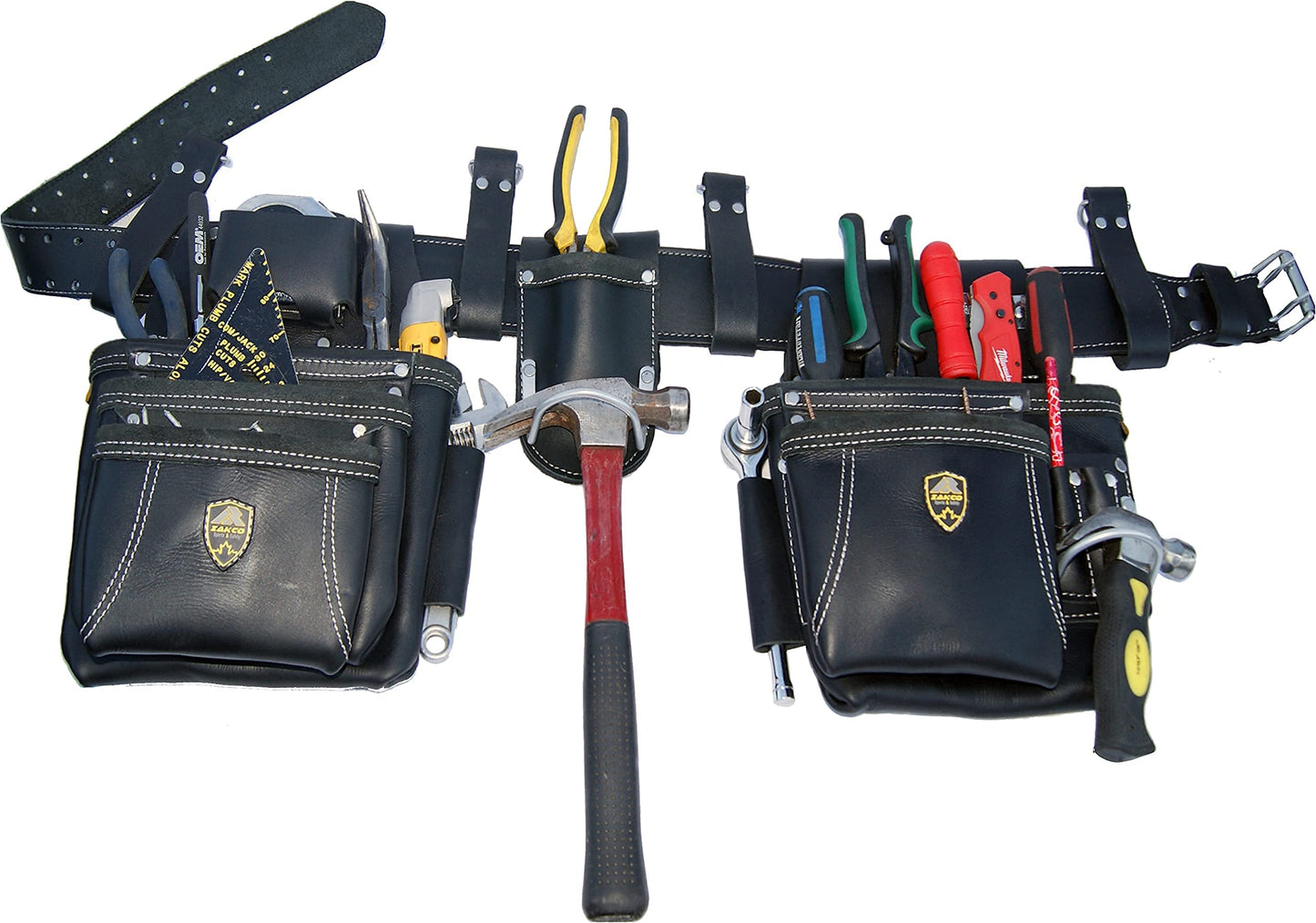 ZAKCO PRO-19 Genuine Grain Leather Multi Pockets Construction Tool Rig, Carpenter Tool Belt, 2 Leather Tool Pouches, Pro Style Tool Belt for Framers, Handyman, Drywall & Roofers (BLACK, Full Size)