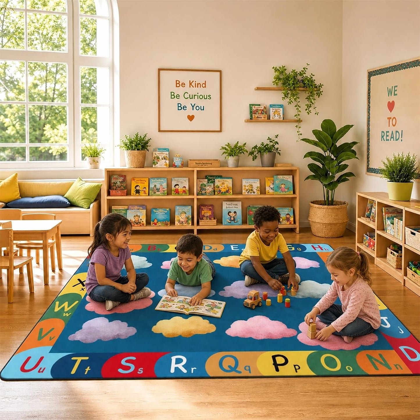 Kids Classroom Seating Rug for 12 Children, 5x7 Alphabet Circle Time Carpet, Educational Preschool Learning Rug with Colorful Cloud Seats, Non-Slip Area Rug for Daycare Playroom