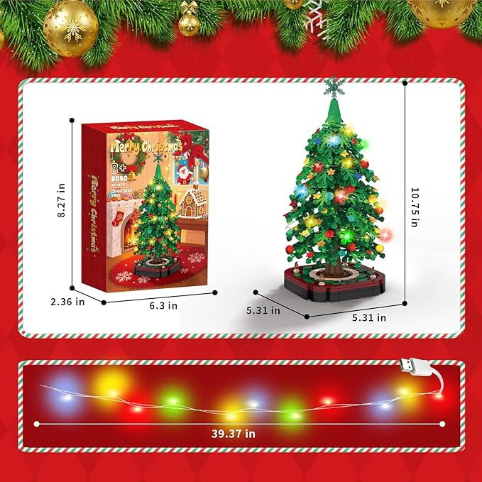 Christmas Tree Building Blocks SetDIY Christmas Tree Toy Bricks with LED Light Creative Educational STEM Gift for Boys and Girls Creative Home Decor Building Toys Gifts for Kids Adults Teens