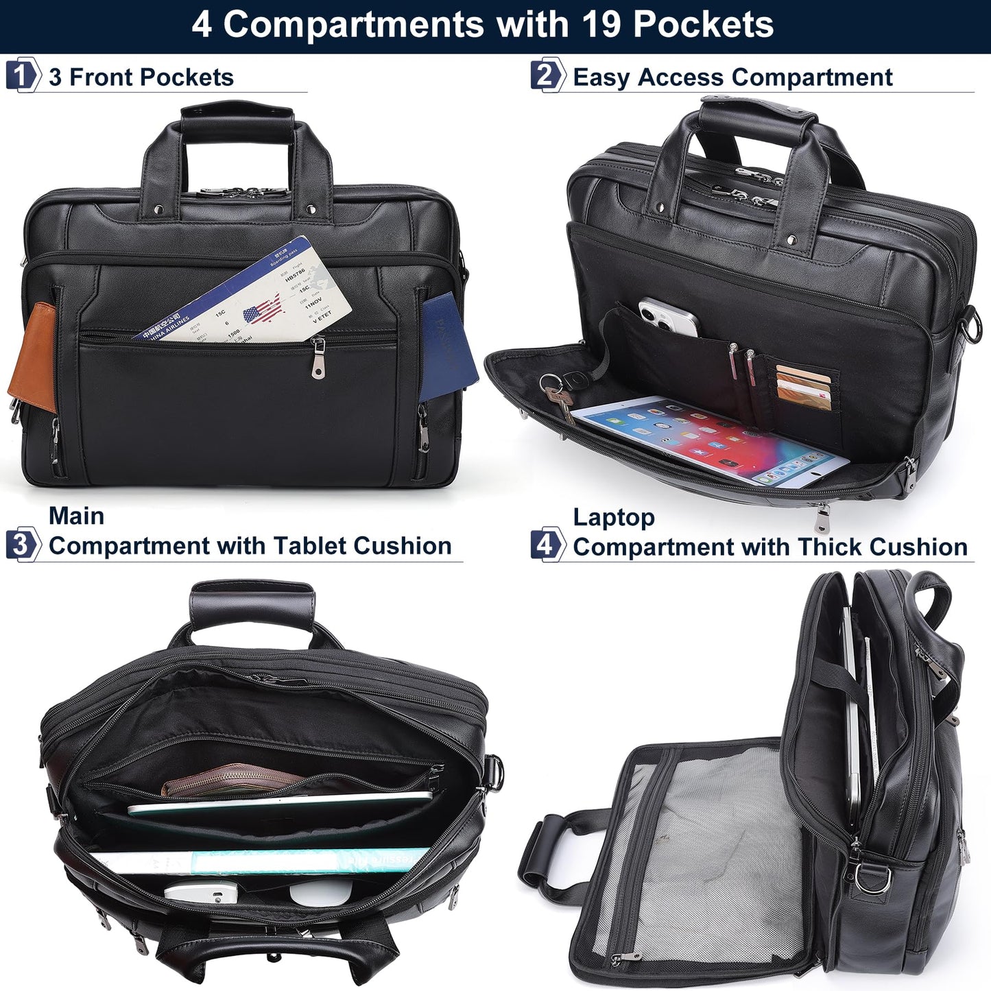 Masa Kawa Black Leather Briefcase for Men, Waterproof 16 Inch Laptop Computer Case, Crossbody Shoulder Messenger Bag for Business Travel, Office Work