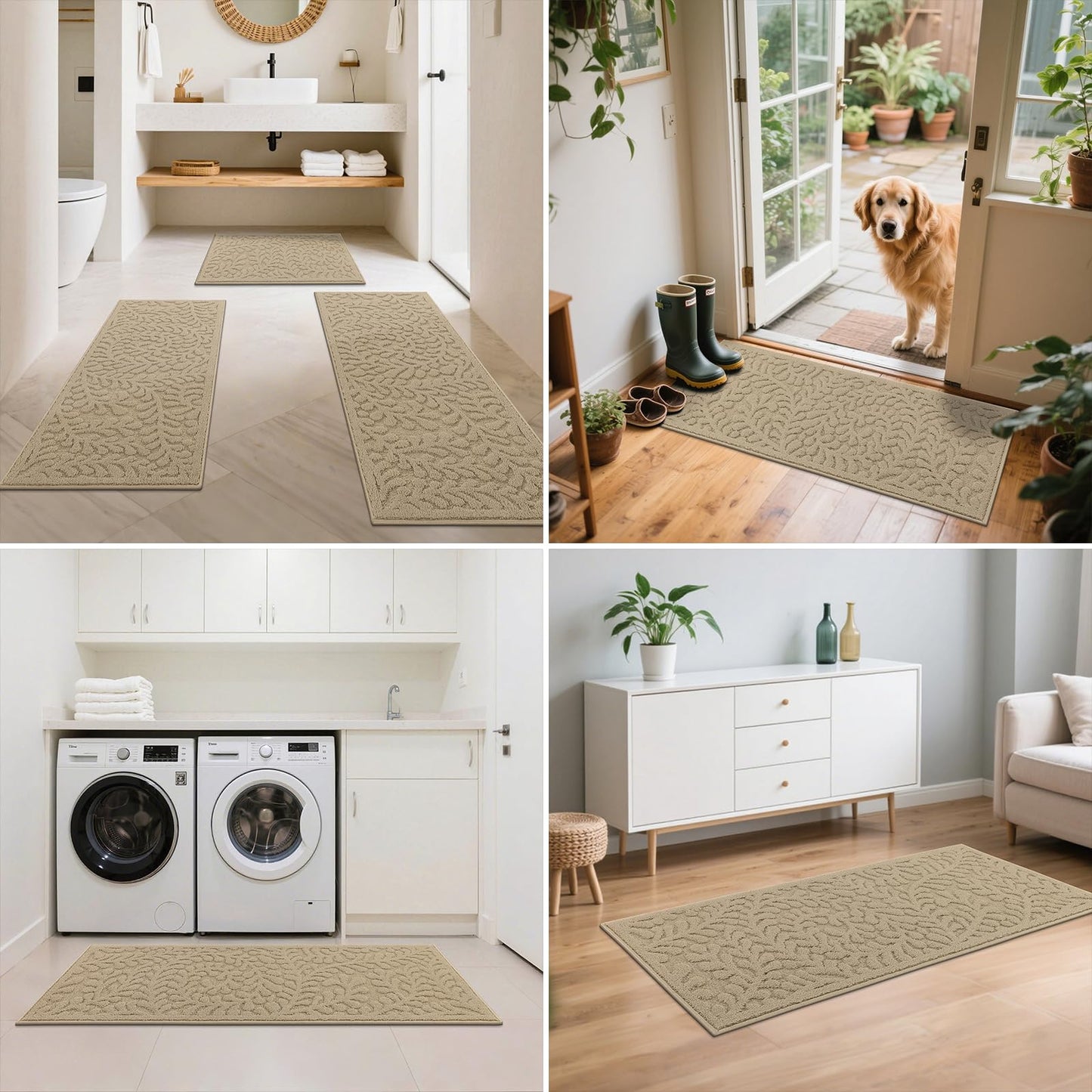 SHACOS Kitchen Rugs Sets of 3 Non Slip Washable Polypropylene Low Pile Absorbent Resist Dirt Kitchen Floor Mat 3 Piece for Entryway, Hallway, Front of Sink (17"x30"+17"x47"+17"x59", Leaves Beige)