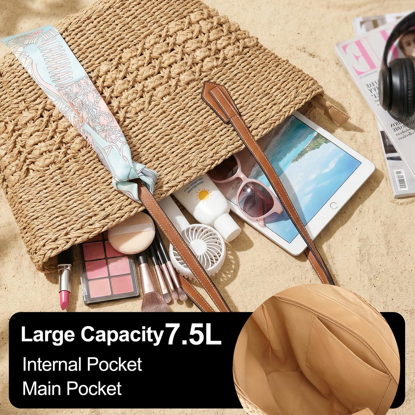 Aodse Beach Bags for Women, Summer Straw Beach Bag with Zipper Pocket, Durable Straw Tote Bag Shoulder Handbags for Beach, Travel, Vacation, Shopping （Khaki）
