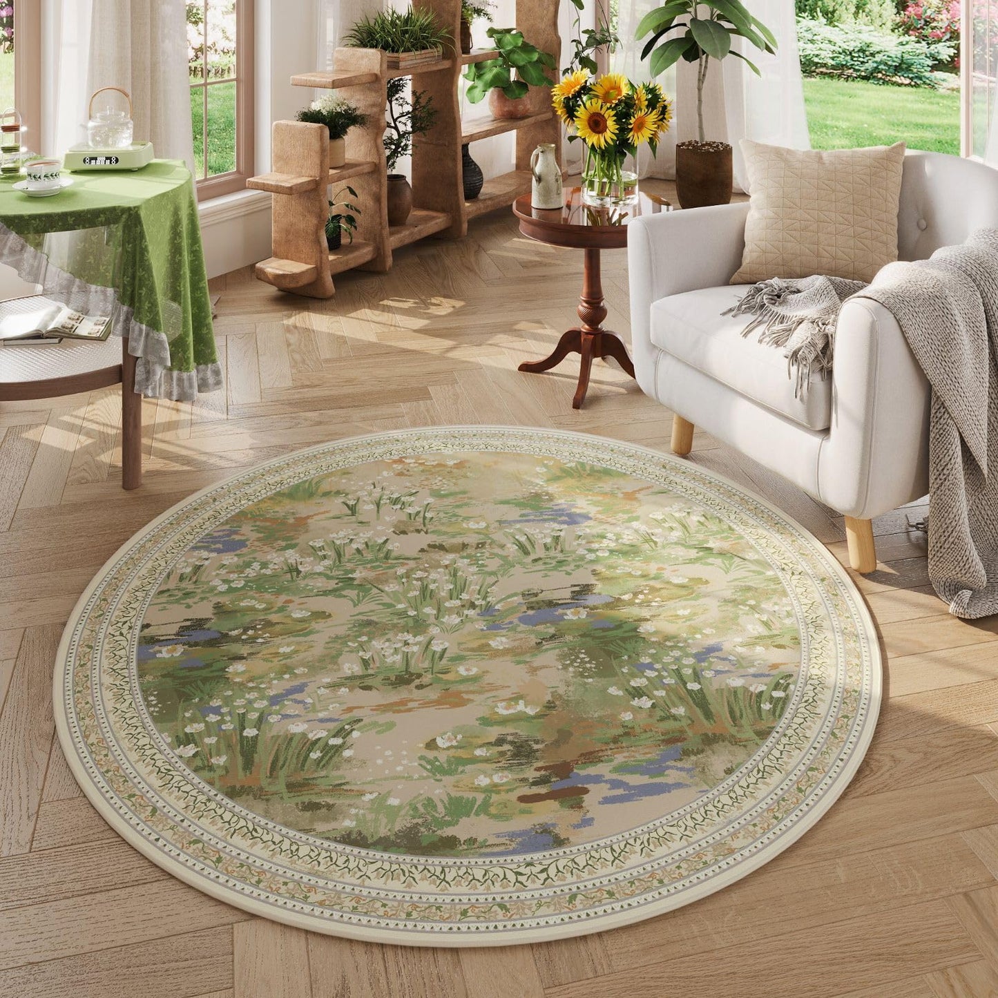 Rugcomf Circle Rug Impressionist-Style Vintage Round Rug 4ft Non Slip Low Pile Small Circular Rug for Bedroom Bathroom Entryway Kids Room Office College Dorm, Beige