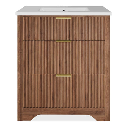 IDEALHOUSE 30" Walnut Fluted Bathroom Vanity with Sink, Farmhouse Freestanding Bathroom Sink Cabinet with 2 Drawers & 1 Flip-Down Drawer, Easy Assembly & Cleaning