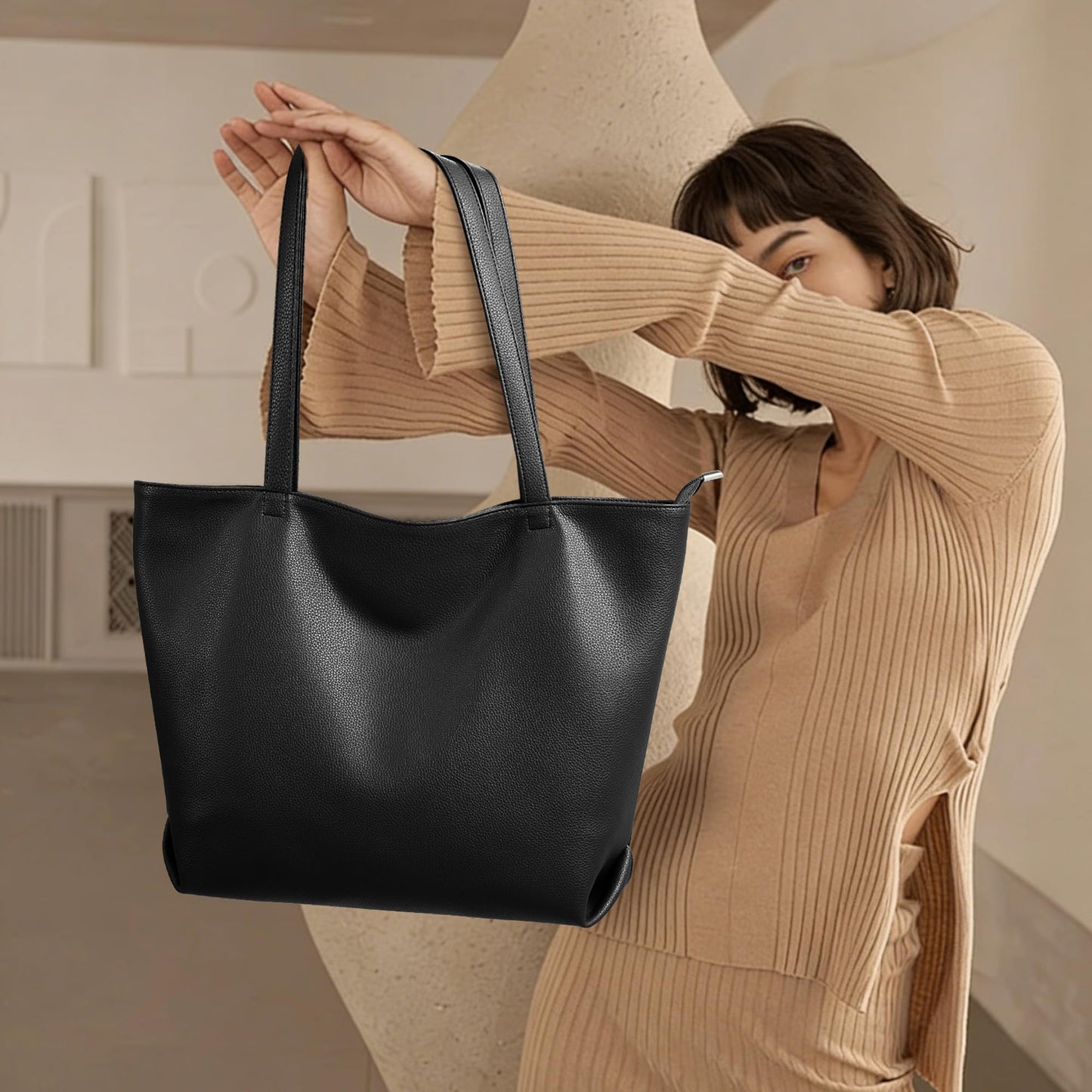 WLLWOO Soft Vegan Leather Tote Bag for Women Large Casual Hobo Handbags Zipper Shoulder Work Daily Weekender Travel Purse, Black