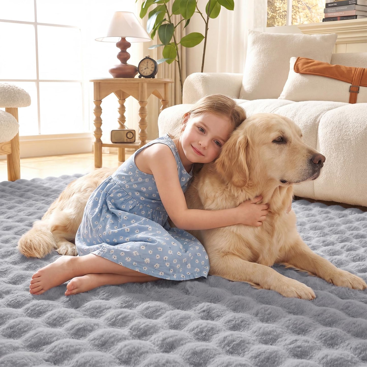 Lotus Karen Washable Area Rug, 3D Bubble Rug for Living Room, Bedroom, Faux Fur Carpet for Home Decor,4' W × 6' L, Light Grey