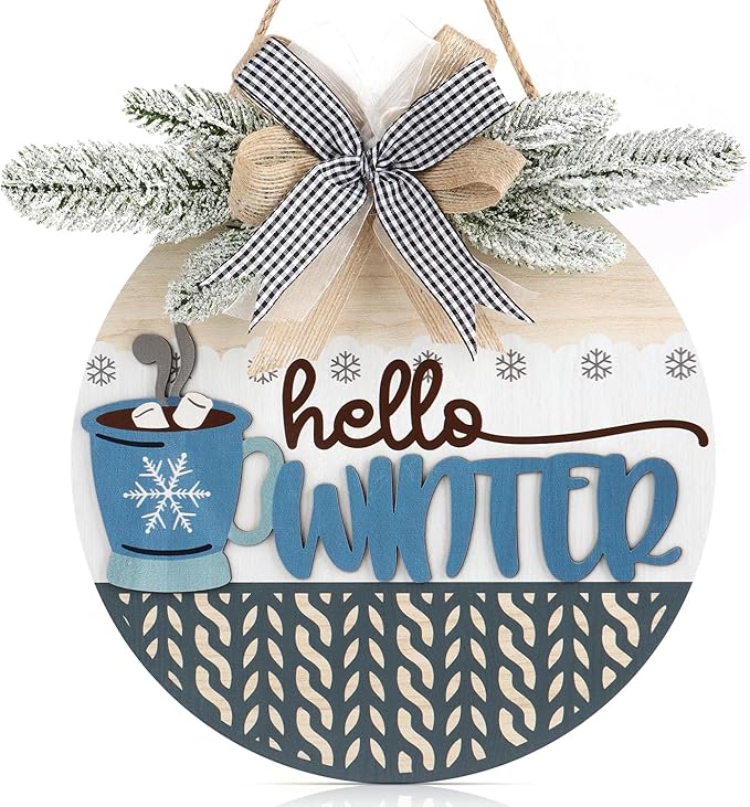 TOARTi Hello Winter Welcome Door Wreath with Bow Pine(11.4''x11.4''), Rustic Coffee Cup Snowflake Sign Hanging, Farmhouse Home Kitchen Cafe Wooden Decoration for Christmas Winter Housewarming Gift