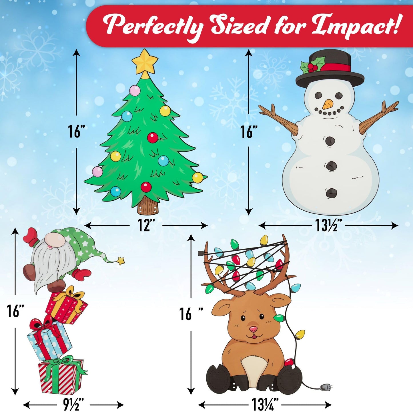 Christmas Metal Yard Signs- Set of 4 Different Adorable Designs- Large 16" Durable Outdoor Xmas Lawn Decorations w Metal Stakes for Easy Set Up- Make an Impact to Your Holiday Light and Garden Display