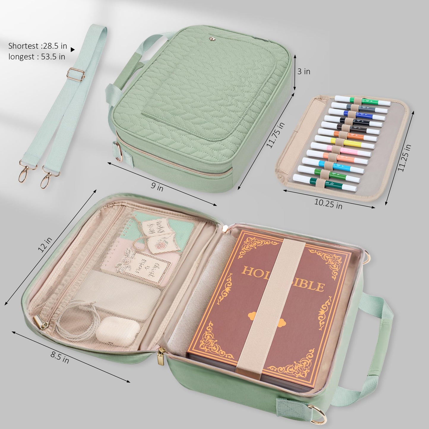 KarSyon Bible Cover for Women Study Supplies Bible Journaling Kit Pink Book Carrying Case with Bible Highlighters, Mothers Day Christian Gifts for Women (Sage Green, Large)
