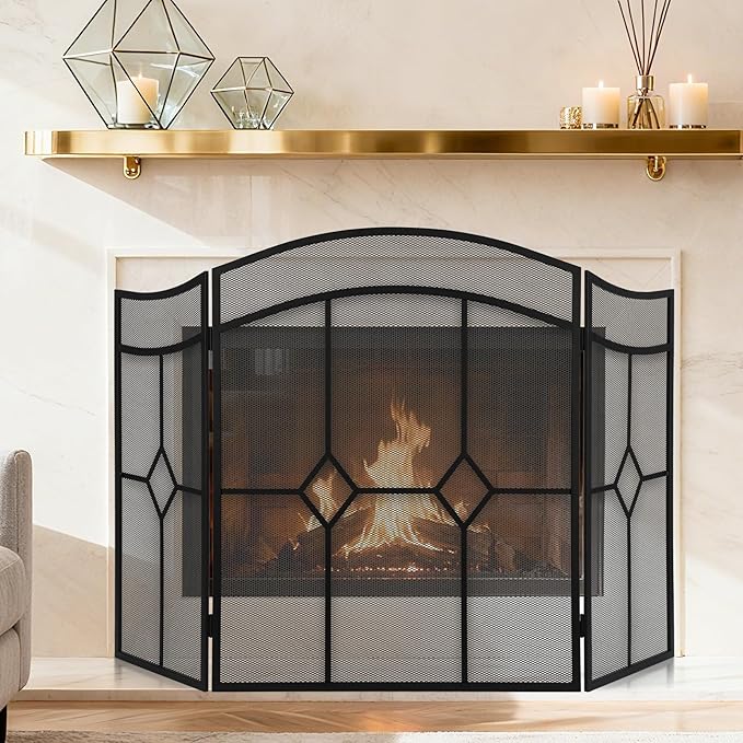 FEED GARDEN 3 Panel Fireplace Screen Wrought Iron 48" W x 30" H Foldable Heavy Duty Fire Spark Guard Cover with Metal Decorative Mesh for Living Room, Home Decor Indoor, Black