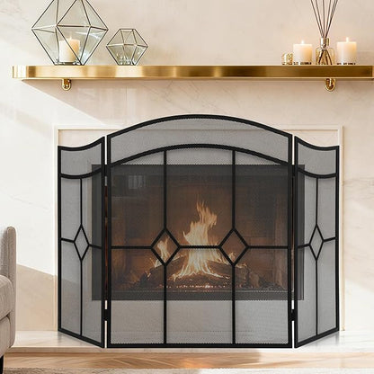 FEED GARDEN 3 Panel Fireplace Screen Wrought Iron 48" W x 30" H Foldable Heavy Duty Fire Spark Guard Cover with Metal Decorative Mesh for Living Room, Home Decor Indoor, Black