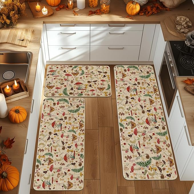 Artoid Mode Mushrooms Butterfly Spring Kitchen Mats Set of 3, Home Decor Low-Profile Kitchen Rugs for Floor - 24"x35"+24"x59"+24"x72"