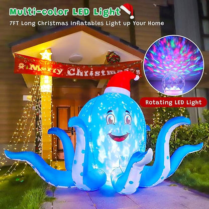 FunFanso 7FT Christmas Inflatable Octopus Outdoor Decorations, Blow up Blue Octopus with Xmas Hat Indoor Decor, Built-in Rotating Flame LED Holiday for Yard Lawn Garden Patio Party Indoor Home Porch