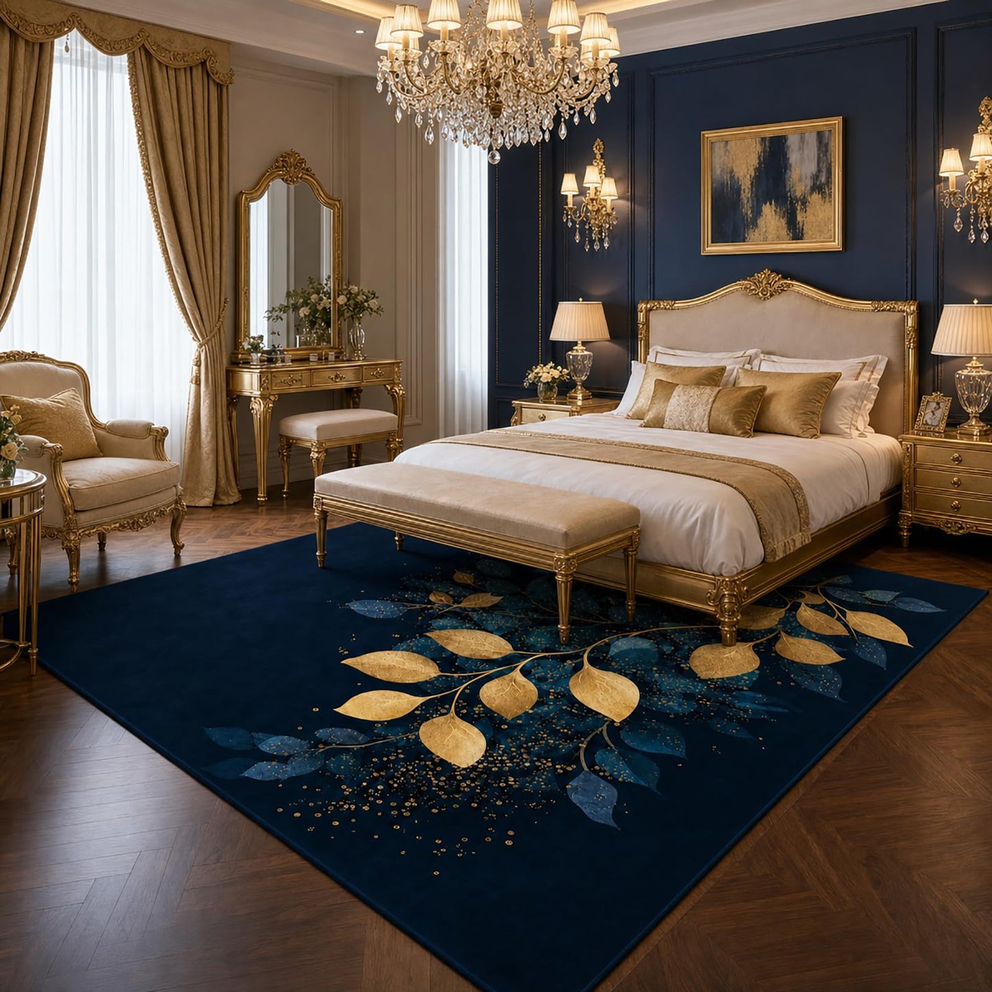AQQA Quiet Luxury Abstract Leaves Area Rug - Navy & Gold Foil Texture Art Carpet - Machine Washable Faux Cashmere Rug - Non-Slip Decorative Floor Mat for High-End Home Decor