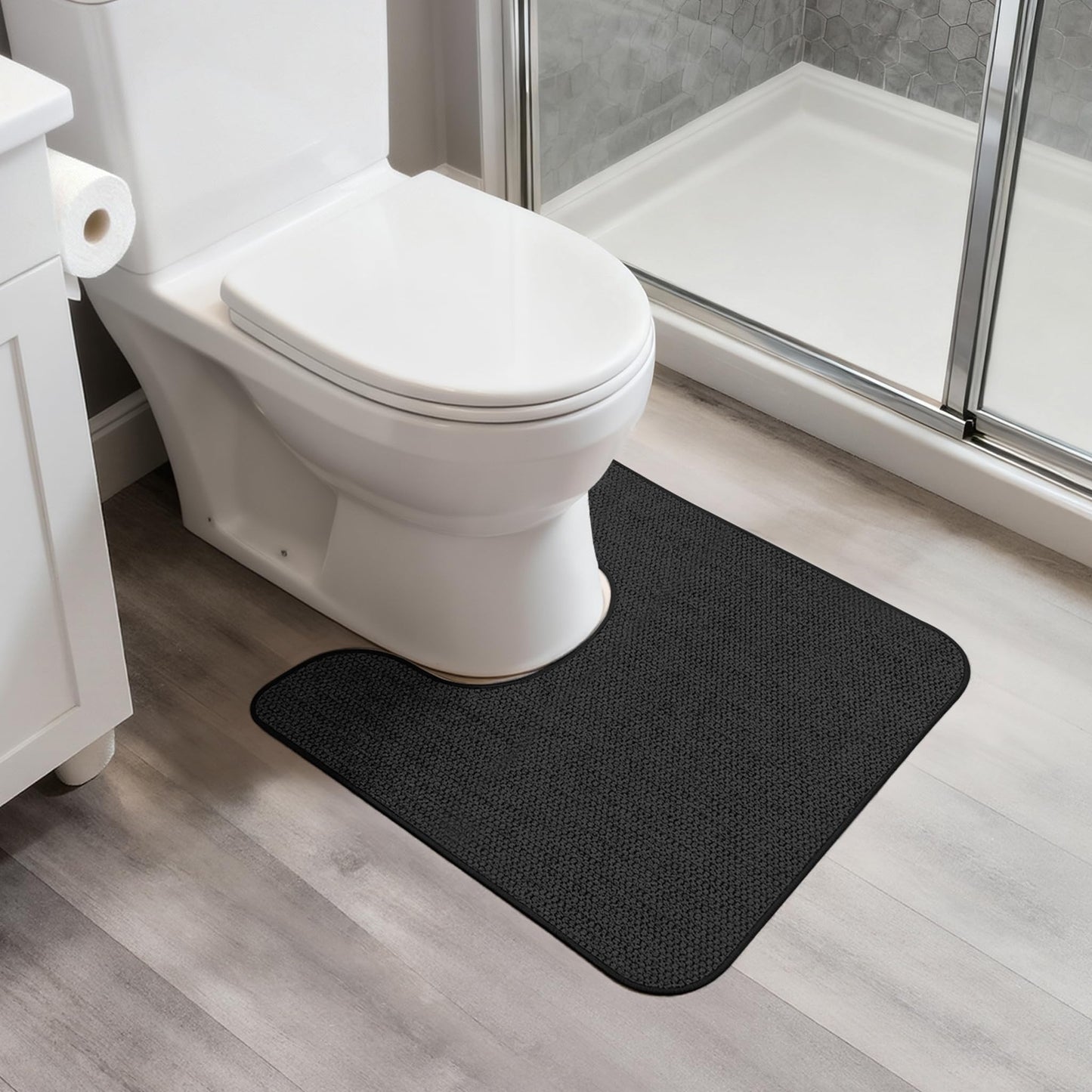 Bosap Toilet Rugs U Shaped Bathroom Rug,Machine Washable Non Slip Quick Dry Super Absorbent Ultra Thin Toilet Mats for Bathroom Toilet.Black,1'8"x2'(20x24inch)