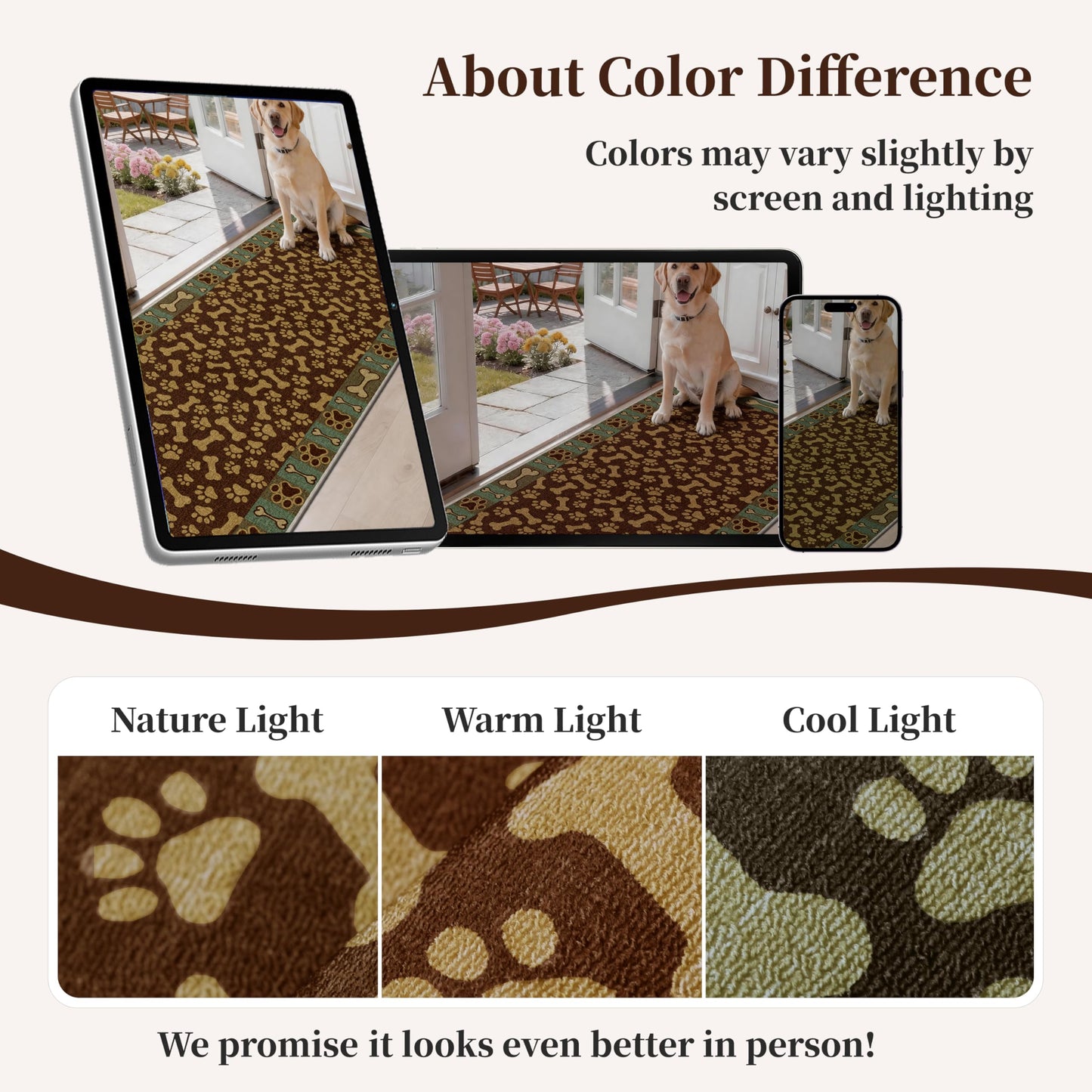 TTelephant Waterproof 2x6 Runner Rug Non Slip - Floor Runners for Dogs,Washable & Joint-Friendly Dense Loop Pile Carpet Runners for Hallway, Kitchen, Indoor Entryway, Laundry, Brown Paws