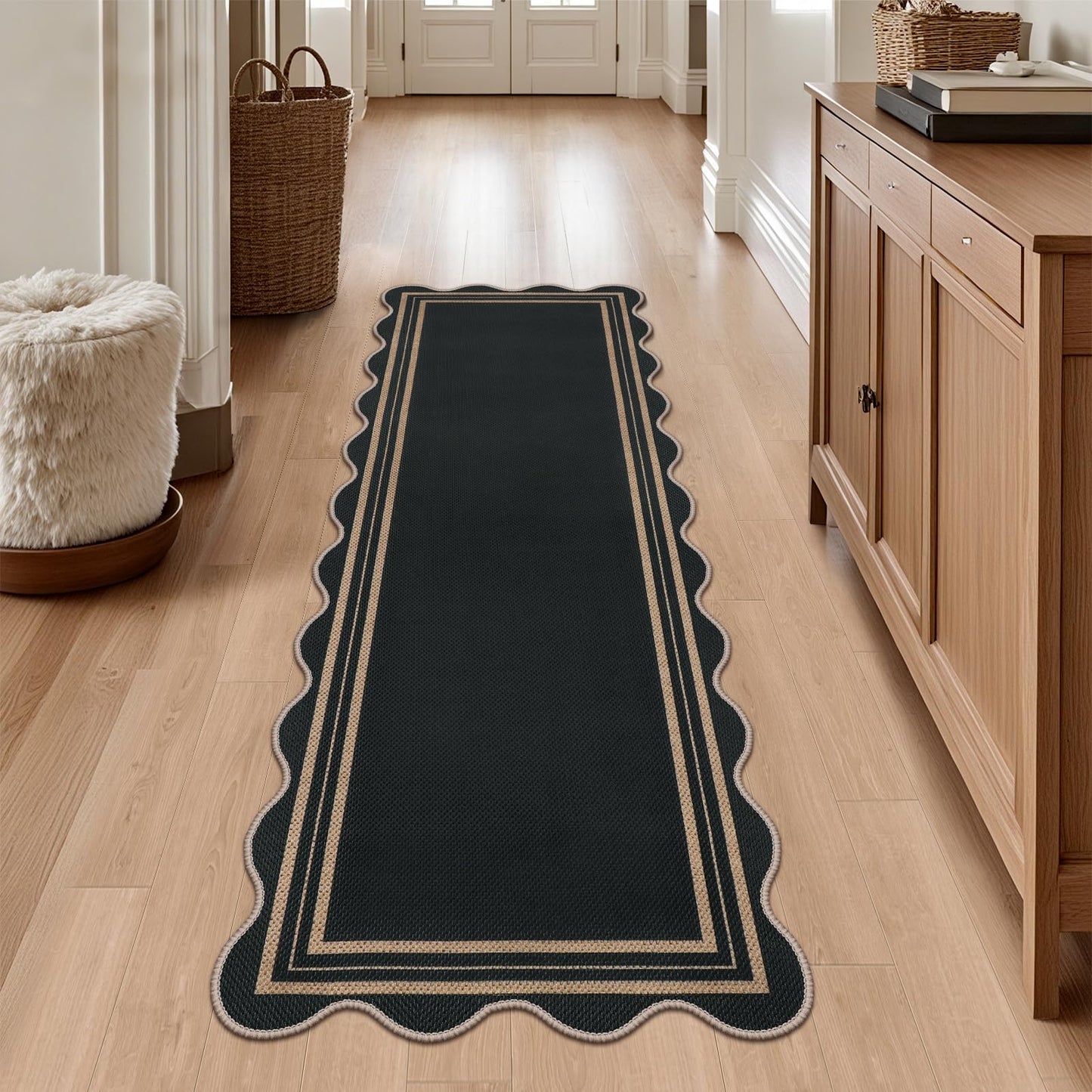 LORWER Scalloped 2x6 Kitchen Runner Rug, Washable Rugs for Entryway Non Slip Outdoor Indoor Black Hallway Rug, Farmhouse Morden Carpet for Entry Bedroom Laundry