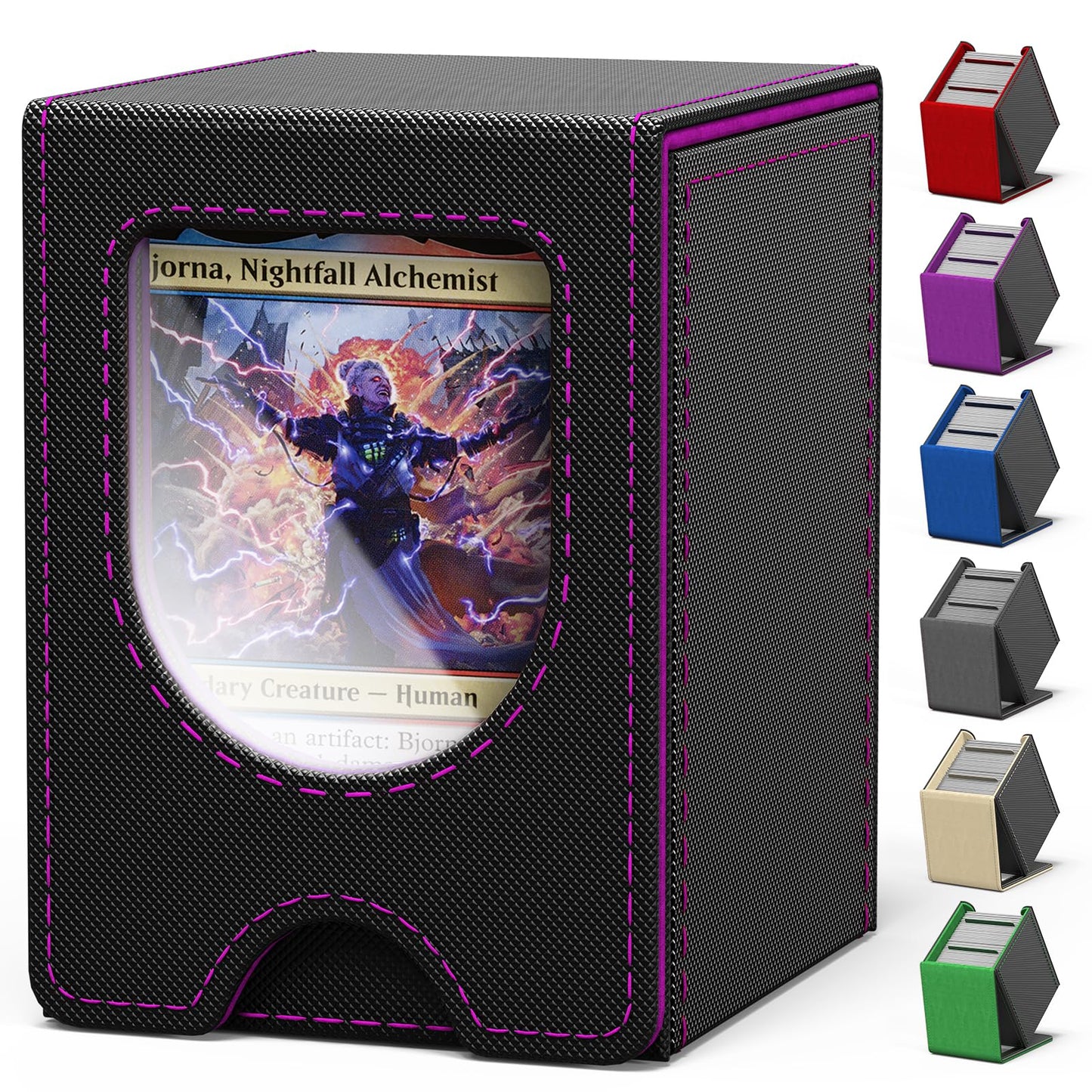 banloga Card Deck Box for MTG Commander, Card Case Holds 100+ Double-Sleeved Cards, Magic Card Box Fits for TCG/PTCG/CCG Card with 2 Dividers (Black&Purple)