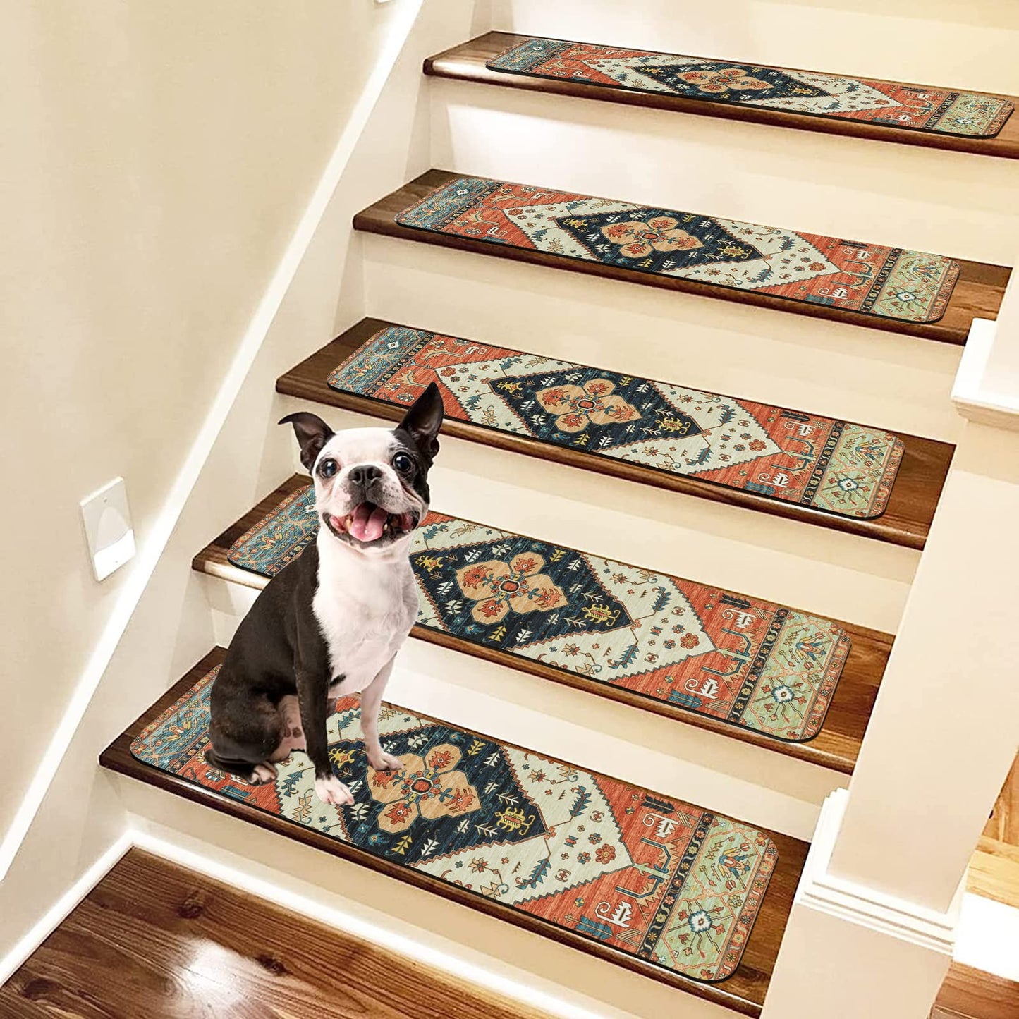 OJIA Non-Slip Carpet Stair Treads for Wooden Steps Set of 15, 30''X8'' Indoor Runner Resistant Rugs Rubber Safety Mats for Dogs, Kids & Elders, Stairway Grip