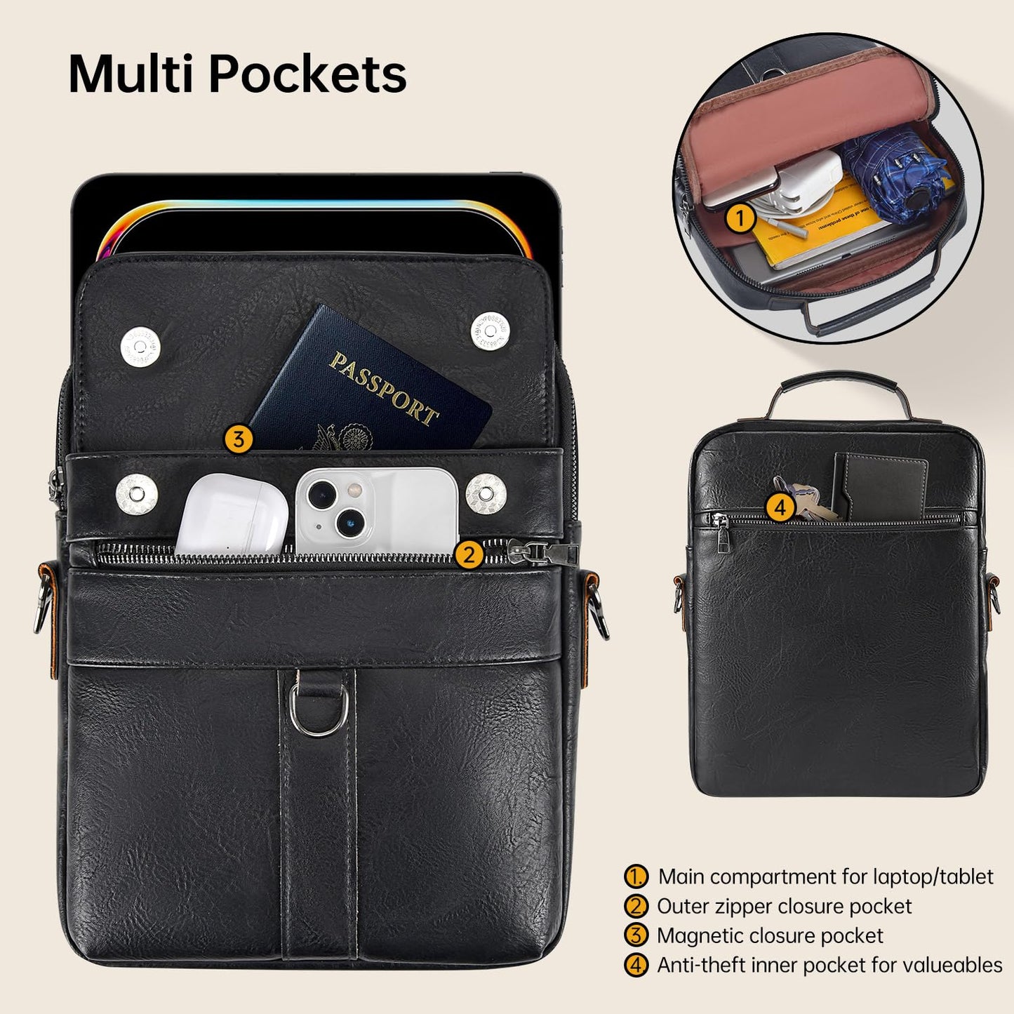 13 Inch Laptop Shoulder Bag Leather Carrying Case for Macbook Air 13" M5 M4 M3 M2 A3449 A3420 A3113 A2681/MacBook Pro 14" M5 M4 M3/2026 MacBook Neo, Vertical Laptop Sleeve Messenger Computer Bag,Black