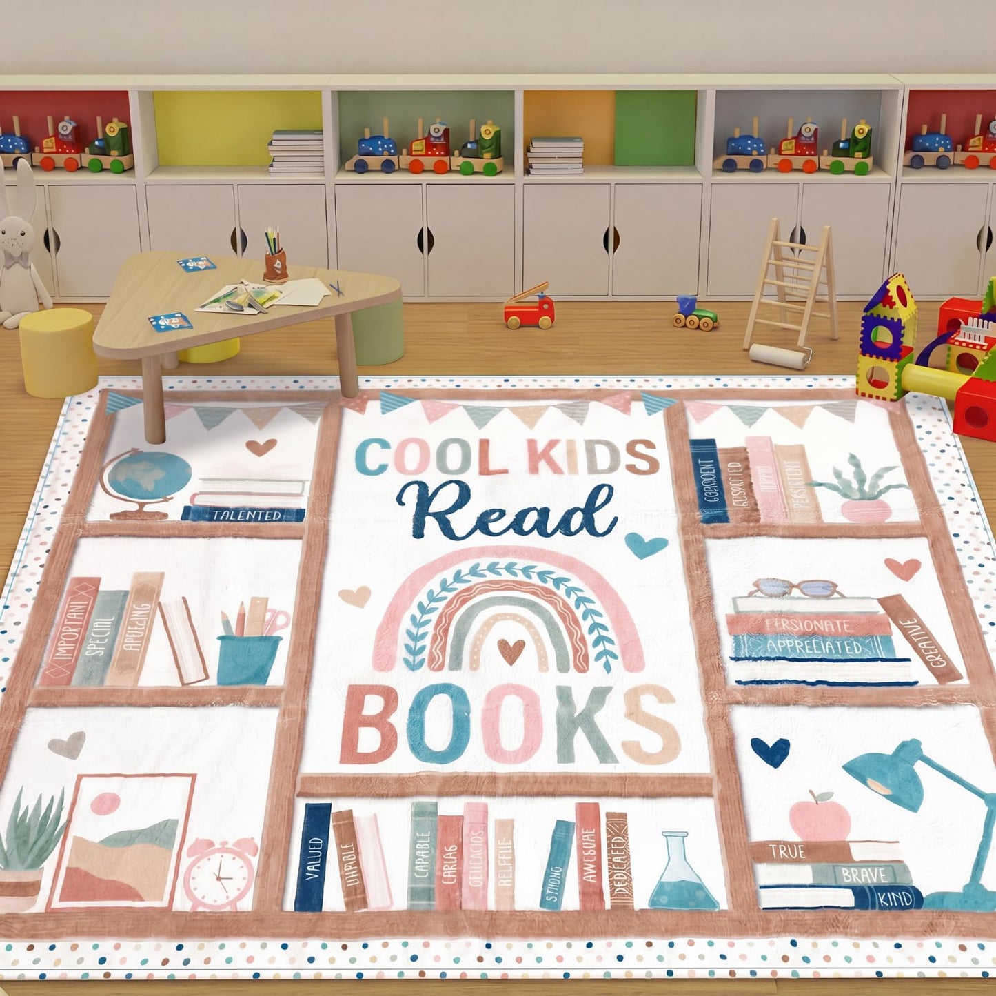 Klyyo Clyro 3.3 x 3.9 ft Boho Classroom Rug Library Reading Rug Calming Corner Mat Bookshelf Mental Health Area Washable Non Slip Soft Fluffy Carpet for School Bedroom Living Room Playroom