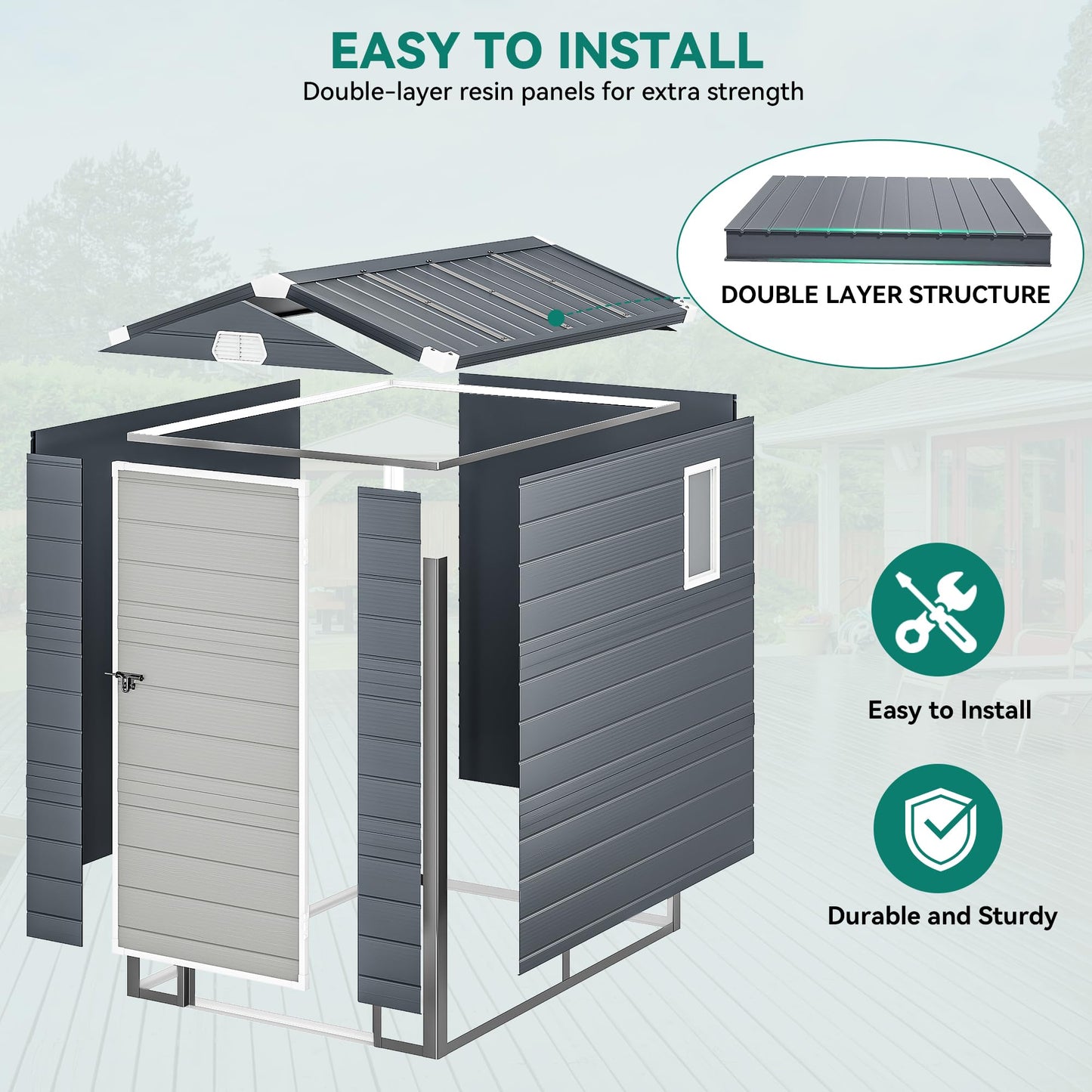 YITAHOME 4.4x6FT Resin Storage Unit sans Flooring, All-Weather Plastic Shed with Window, Vents and Secured Doors, Outdoor Plastic Tool Cabin for Poolside, Lawn, Backyard, Patio, Dark Gray