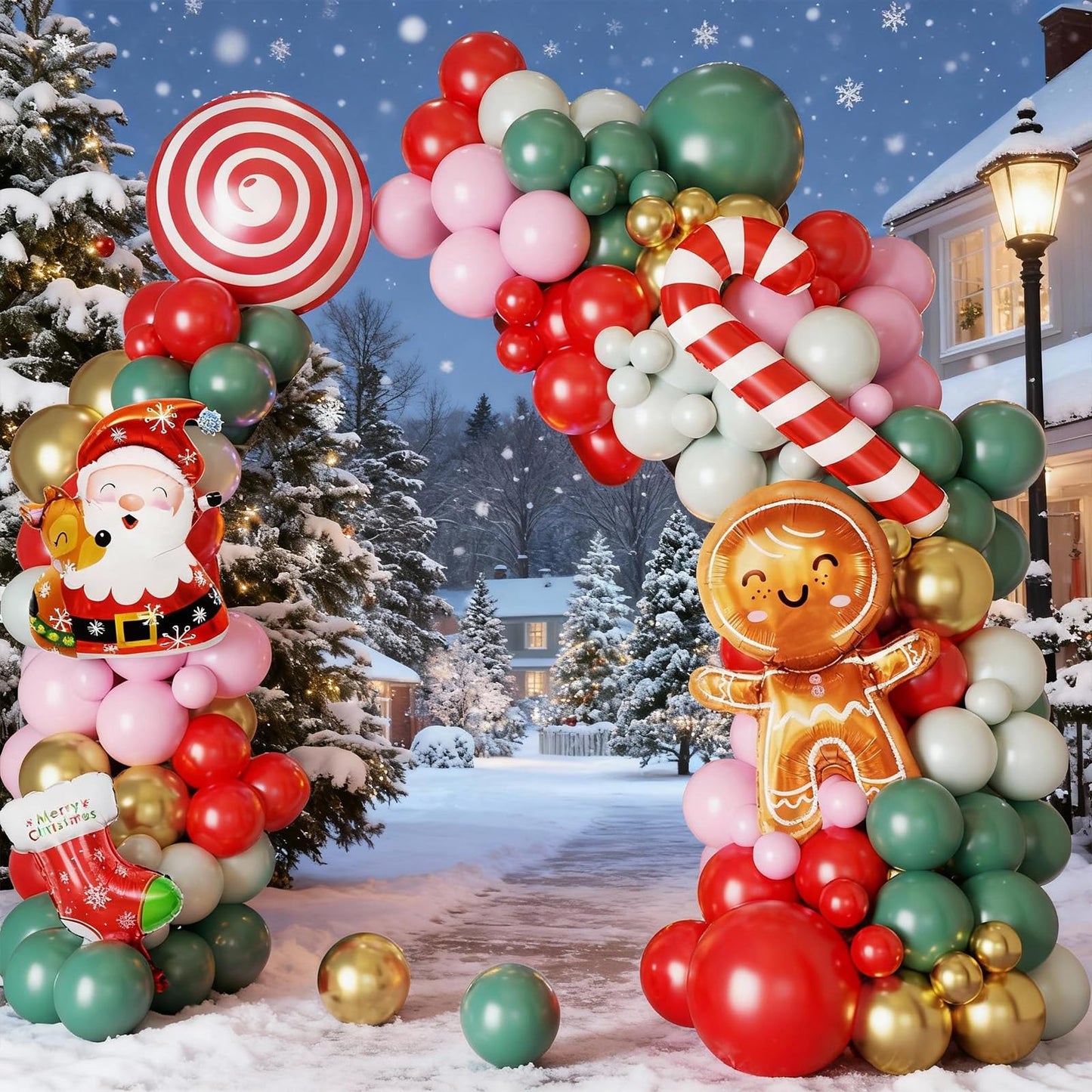 Christmas Balloon Arch Kit,108 Pcs Gingerbread Man Balloon Garland Kit, Sage Green Pink Red Latex Balloons Santa Claus Foil Balloons Candy Cane for Xmas Birthday New Year Christmas Party Decorations