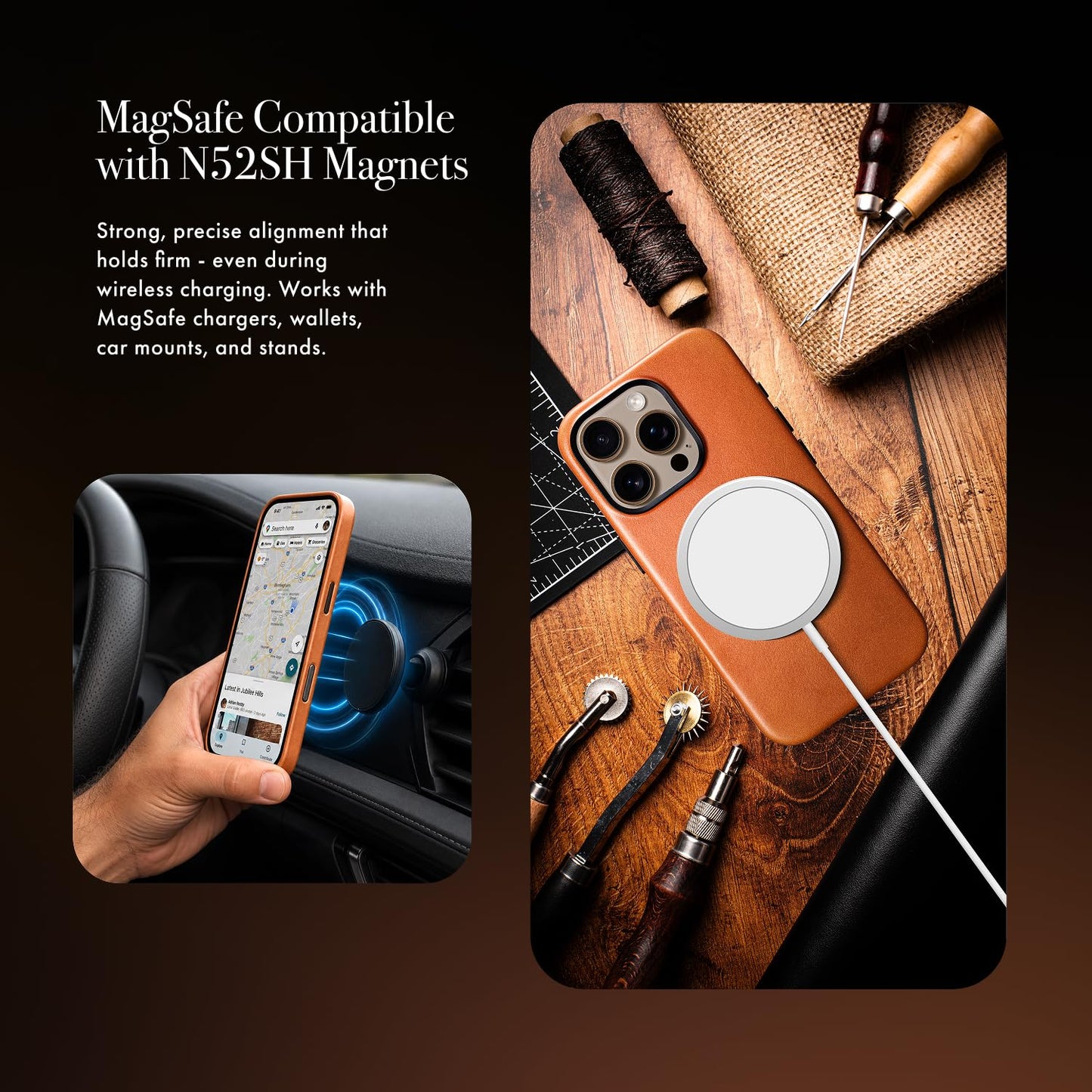 Casebelle Handcrafted Vegetable-Tanned Slim Leather Case for iPhone 16 Pro - [Built-in Camera Control] - Compatible with MagSafe - Raised Bezels, Natural Patina Over Time - Amber Brown