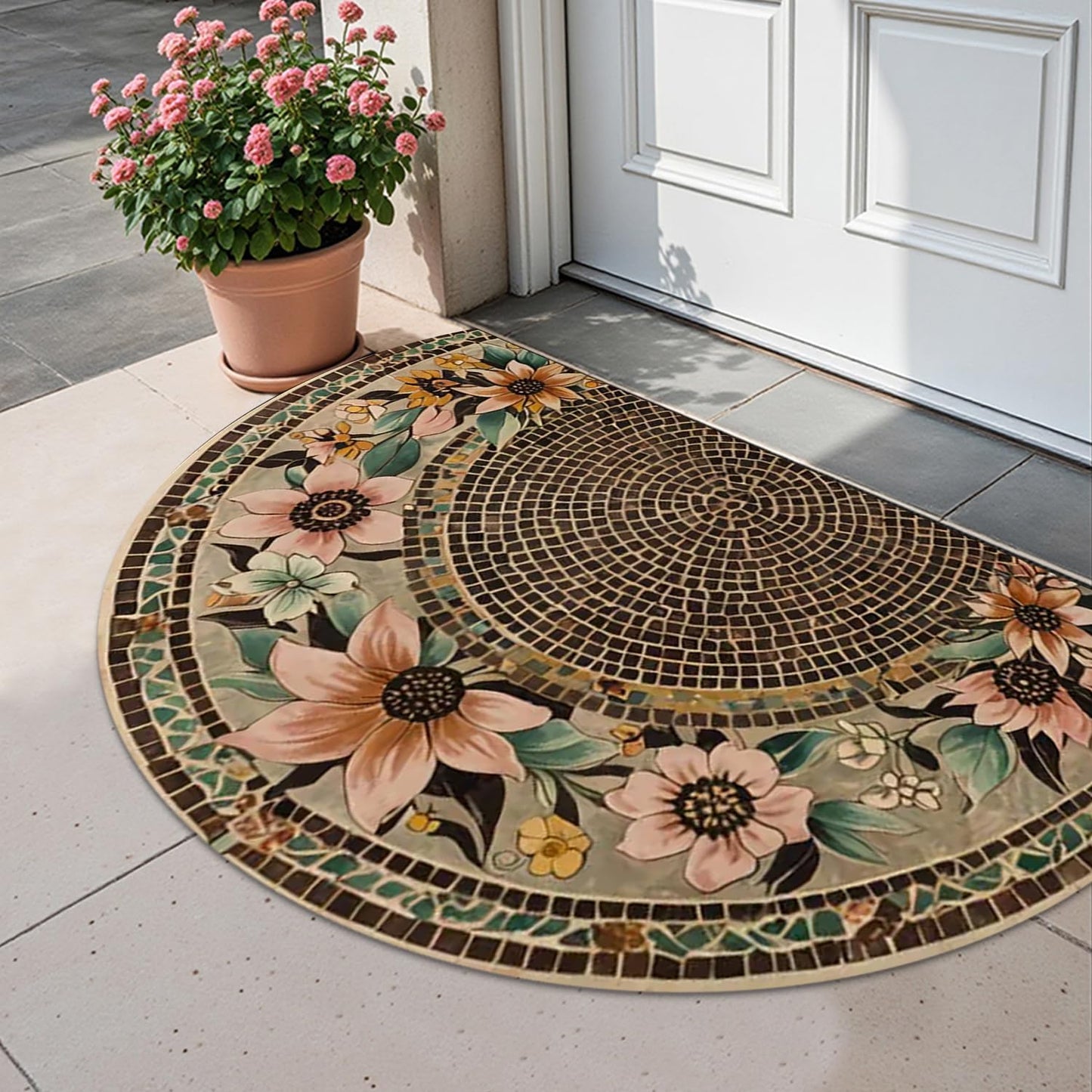 Half Round Door Mat 17"x30" Brown/Pink, Retro Blossoming Flowers Boho Semi Circle Rug, Non-Slip Washable Absorbent Mat, Soft Half Moon Floor Mat for Indoor Outdoor Front Door Kitchen Bathroom Patio