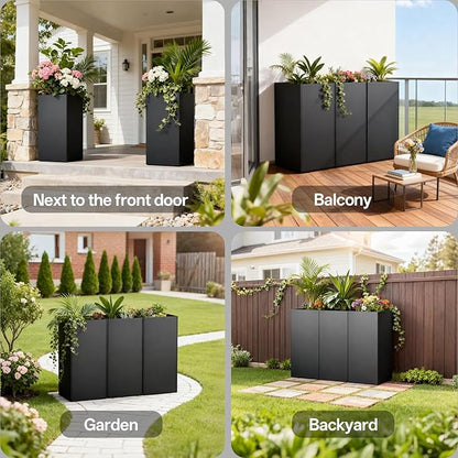 Metal Planter Box 14" x 14"x 30",Heavy-duty Galvanized Steel Outdoor Planter with Removable Built-in shelf and Drainage Holes,Rectangular Planter for Porches, Gardens, Patios, and Courtyards，Black