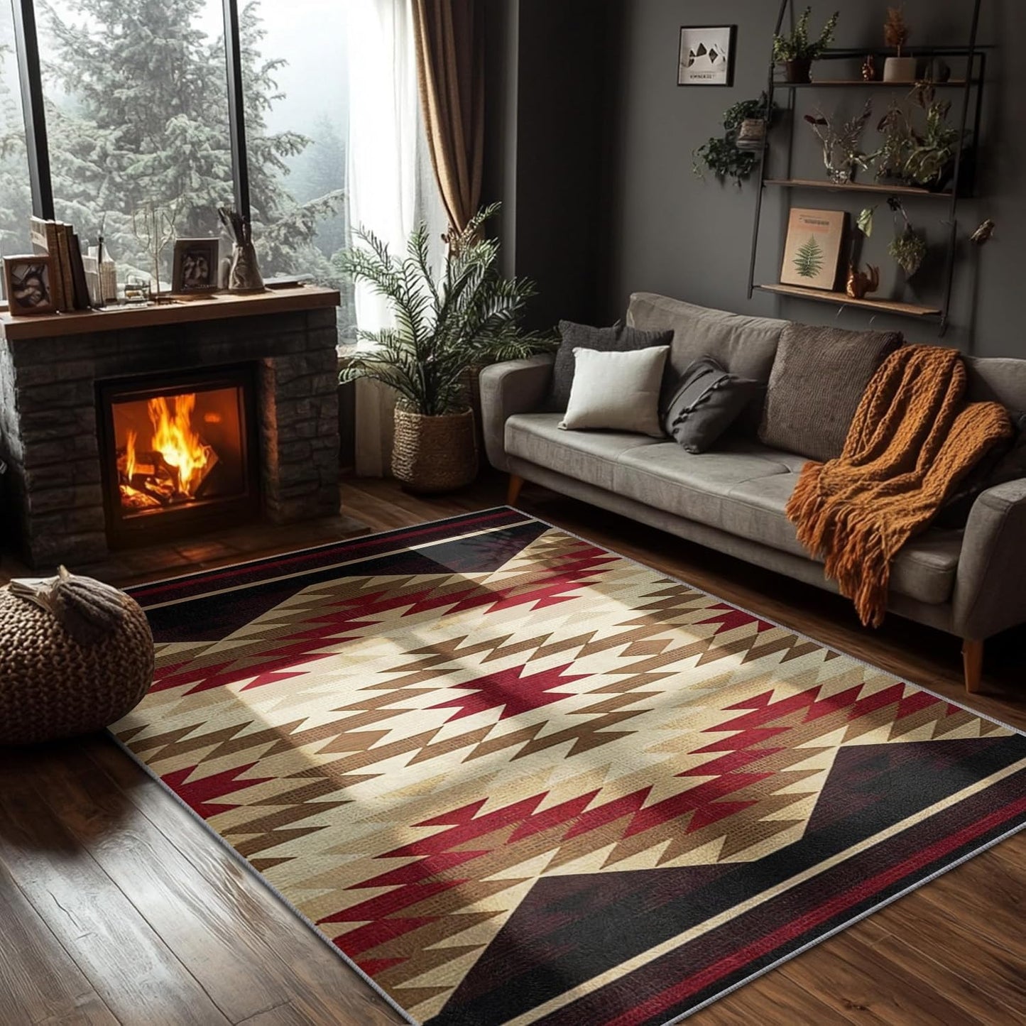 Boho Style Western Rug, 3x5ft,Country Farmhouse Retro Cabin Area Rugs, Non-Slip, Soft and Washable Southwestern Aztec Native Geometric Carpet, for Bedroom, Living Room Beige, Green, Red