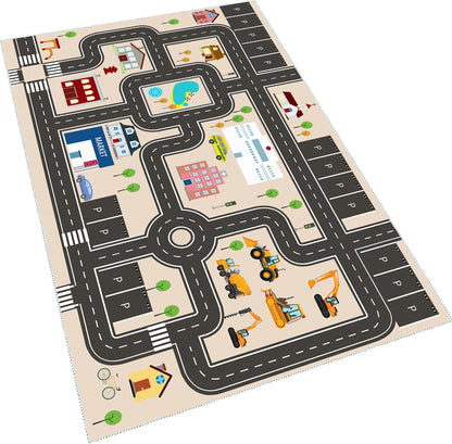 Jngred Kids Car Rug Playmat with Non-Slip Rubber Backing，Car City Life Road Carpet，Child Car Traffic Rugs ，Train Track Play Mat(80×120cm/32×47in)