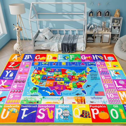 LTKOUGFAM USA Map ABC Kid Rug for Playroom 59"×39.4" Geography Classroom Play Rug Educational Kids Playmat Alphabet Mat State Symbols, ABC Letters, Numbers, Seasons&Shapes Non-Slip Preschool Playmat