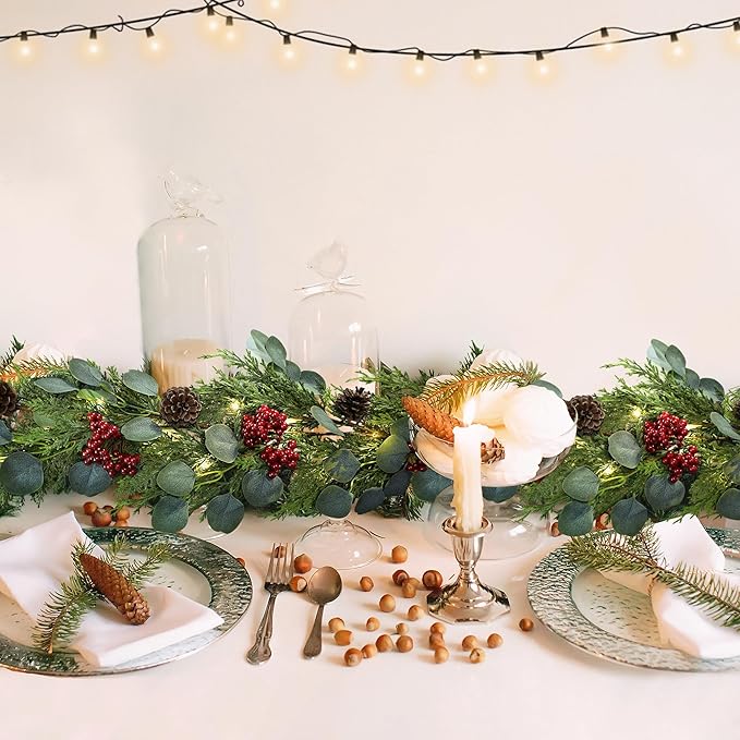 6FT Christmas Garland with Lights Artificial Pine Cypress Eucalyptus Garland with Red Berries Christmas Tips Cedar Garlands,Christmas Decorations Holiday Indoor Outdoor Winter Garland