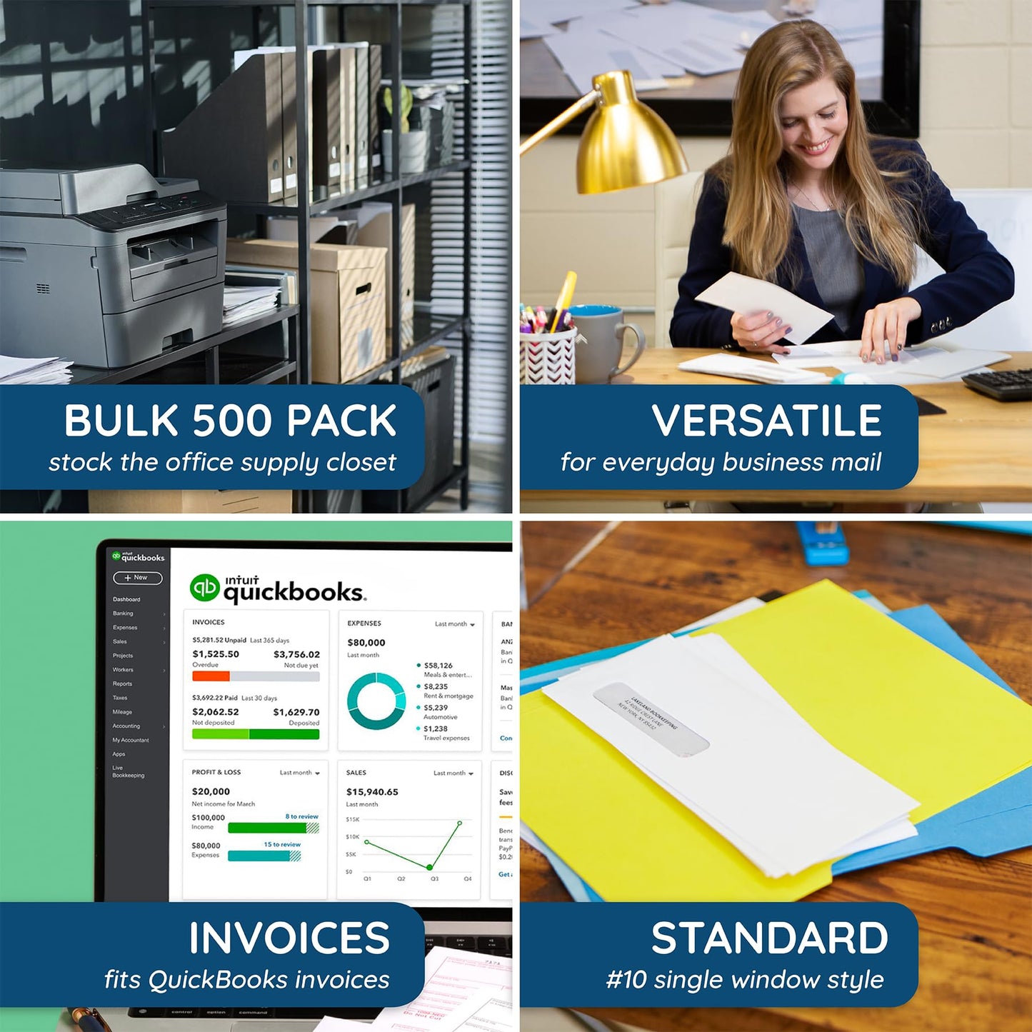 500 Number 10 Single Window Envelopes - Thick Gummed Seal - Designed for Secure Mailing of Quickbooks Checks, Invoices, Business Statements, Personal Letters - 4 1/8 x 9 1/2