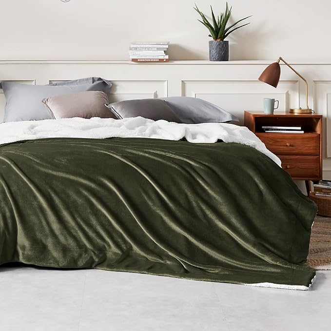Bedsure GentleSoft Sherpa Fleece Blankets King Size for Bed - Thick and Warm Throw for Men, Soft Fuzzy Plush King Blanket for Winter, Olive Green, 108x90 Inches