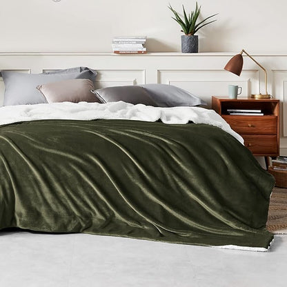 Bedsure GentleSoft Sherpa Fleece Blankets King Size for Bed - Thick and Warm Throw for Men, Soft Fuzzy Plush King Blanket for Winter, Olive Green, 108x90 Inches