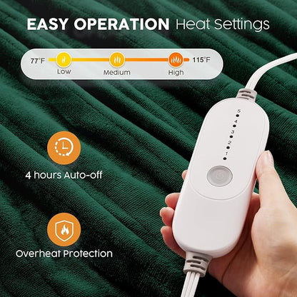 HYLEORY Heated Electric Blanket Throw 50"x60" Soft Fleece & Flannel with 5 Heating Levels & 3 Hours Timer Auto Shutt Off, ETL Certified, Washable，Heated Blanket for Body-Dark Green