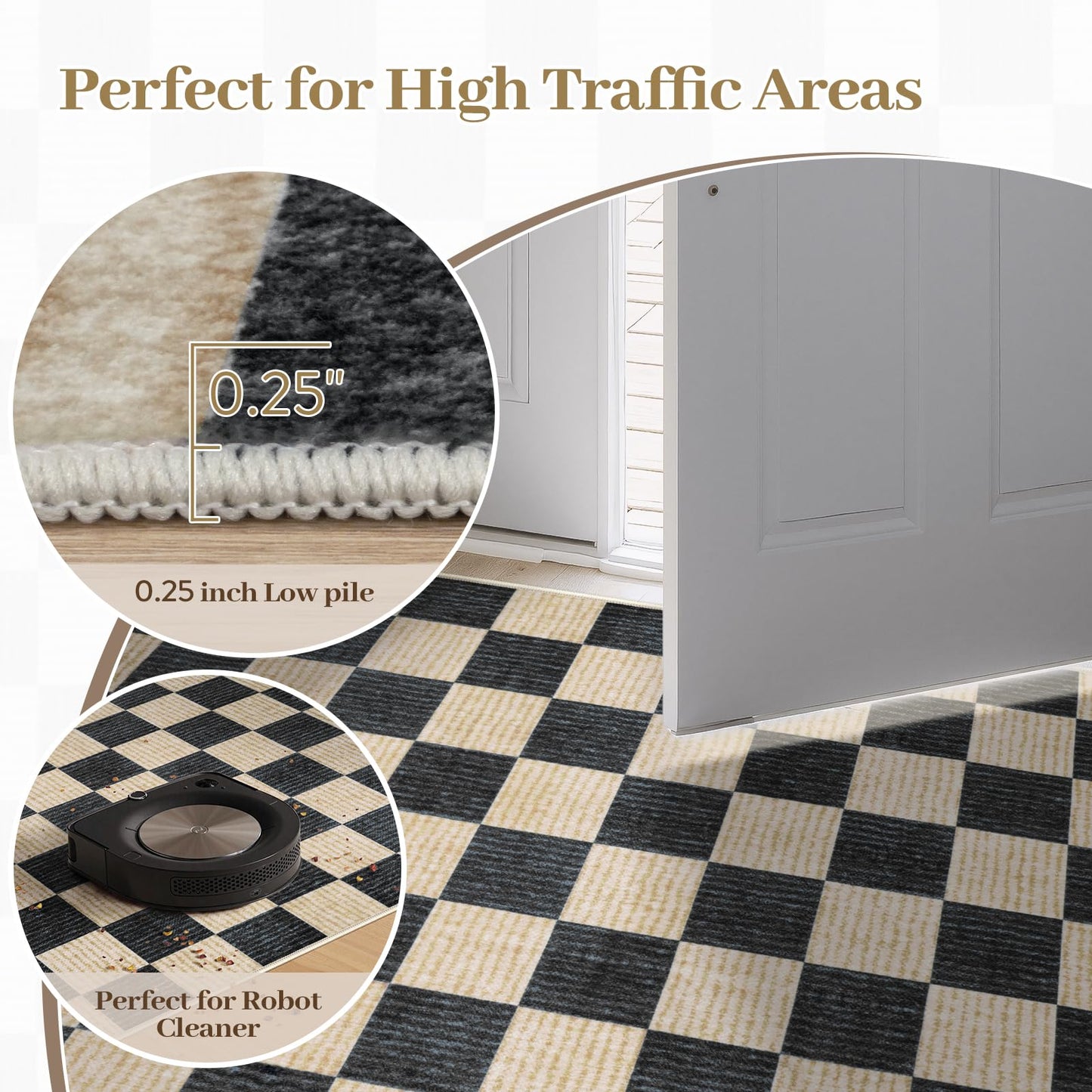 Machine Washable 5x7 Area Rugs for Living Room Checkered, Non Slip Soft Low Pile Farmhouse Geometric Modern Neutral Playroom Boys Rugs for Bedroom, Large Carpet Rugs for Dining Room(Black,5'x7')