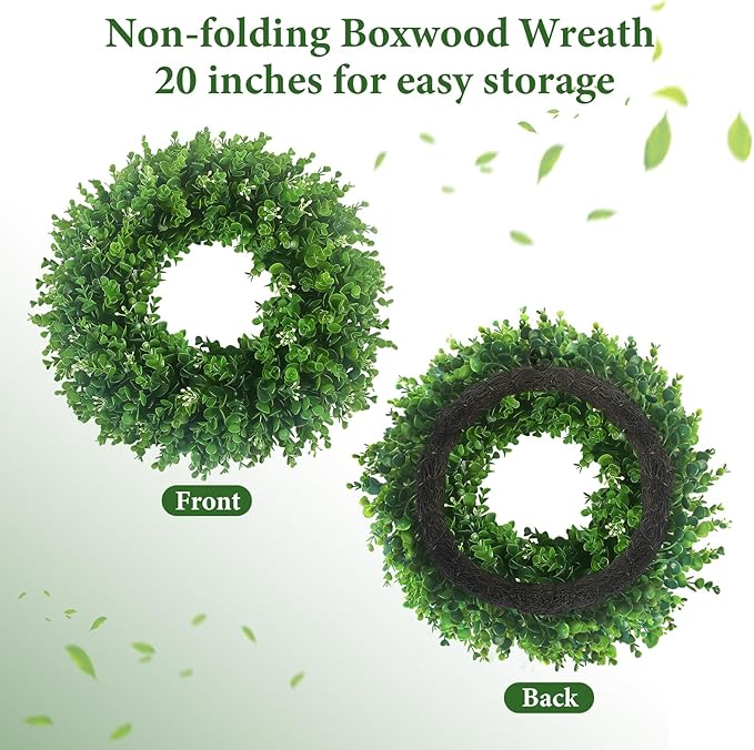 Boxwood Wreaths for Front Door 18-20'', UV Resistant Leaves with White Flower Core, Artificial Green Wreath with a Sash for Farmhouse Wedding Outdoor Indoor Hanging Decor All Seasons